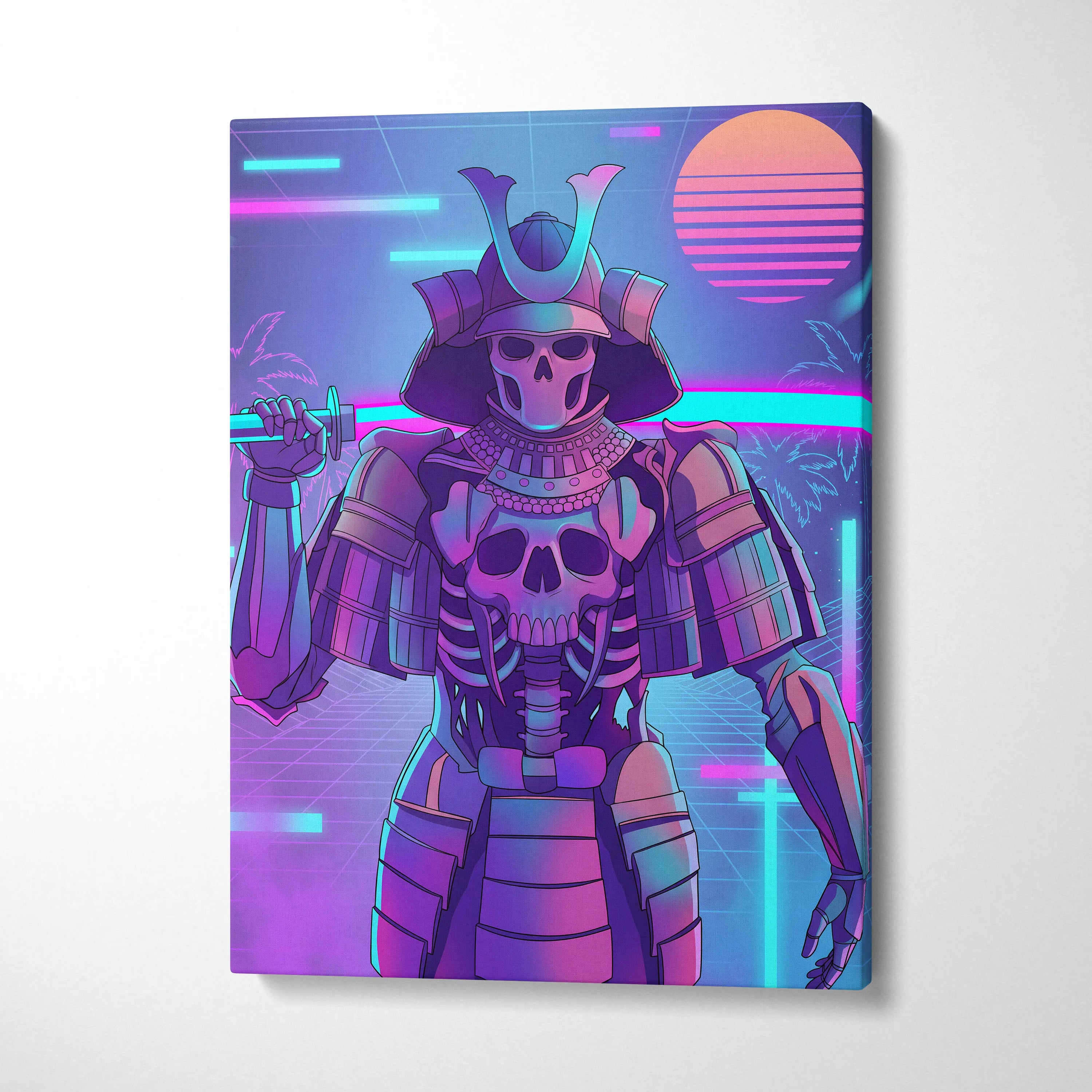 Vaporwave Skull Samurai Canvas - Samurai Skull Neon Pink Teal Living Room Vaporwave Dreamy Neon Mood Canvas