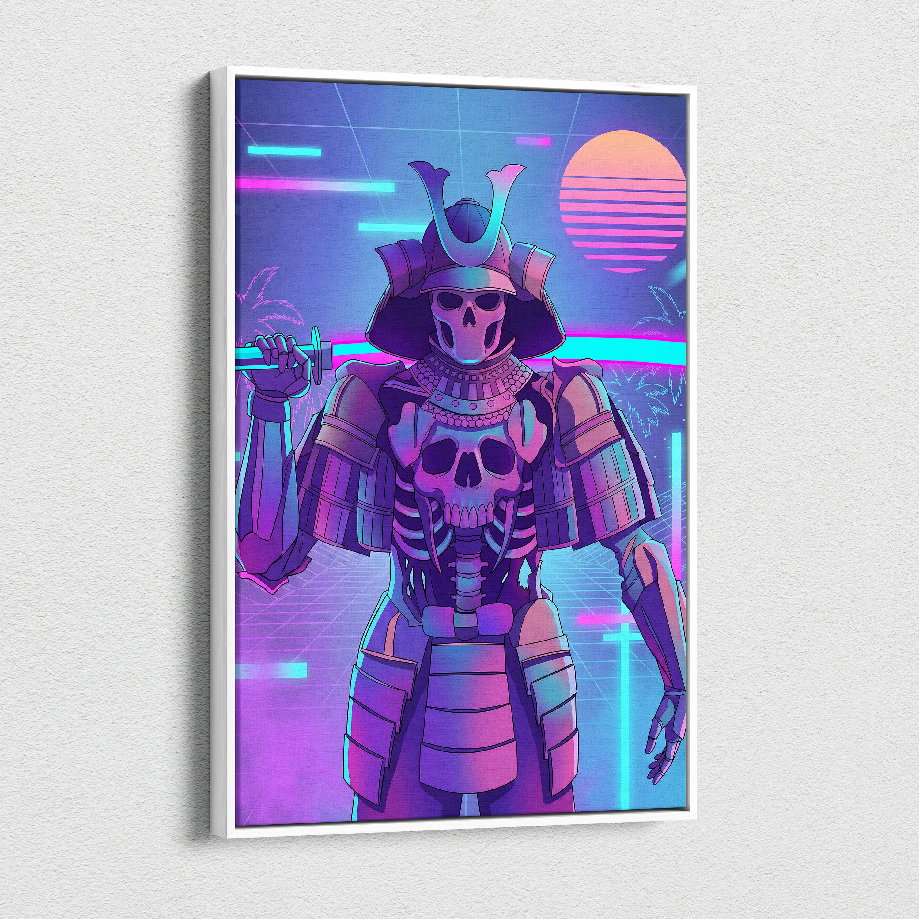 Vaporwave Skull Samurai Canvas - Samurai Skull Neon Pink Teal Living Room Vaporwave Dreamy Neon Mood Canvas