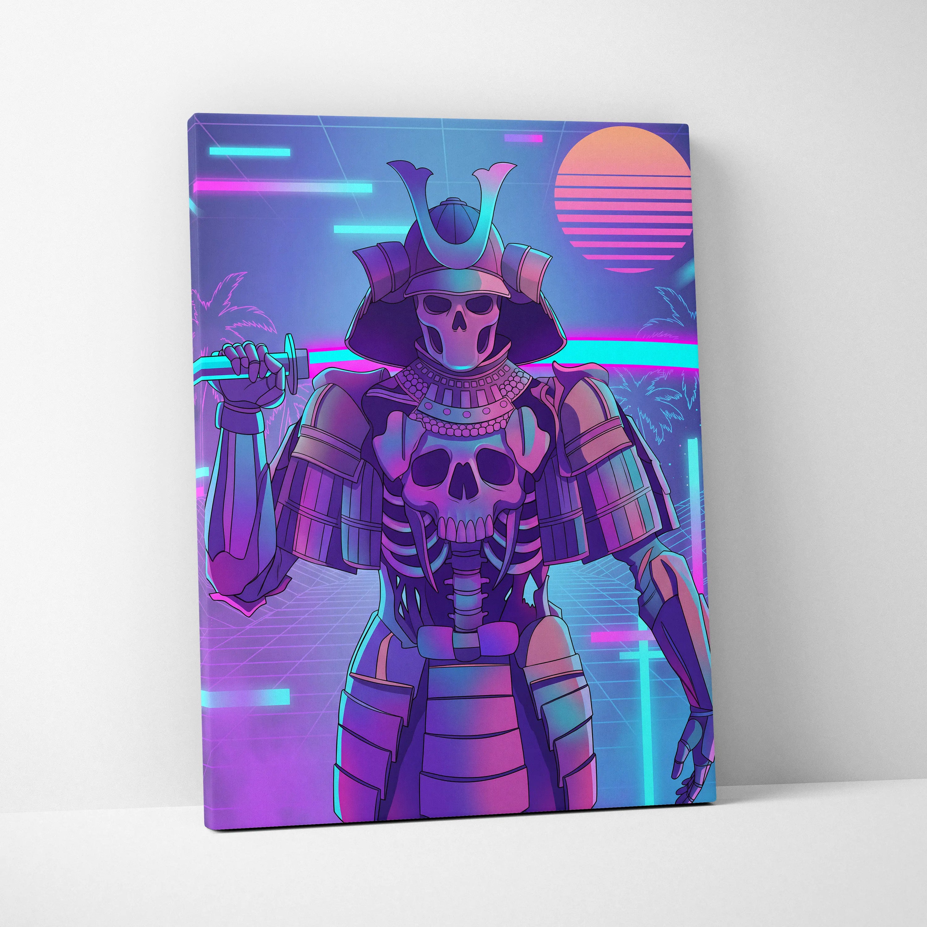 Vaporwave Skull Samurai Canvas - Samurai Skull Neon Pink Teal Living Room Vaporwave Dreamy Neon Mood Canvas