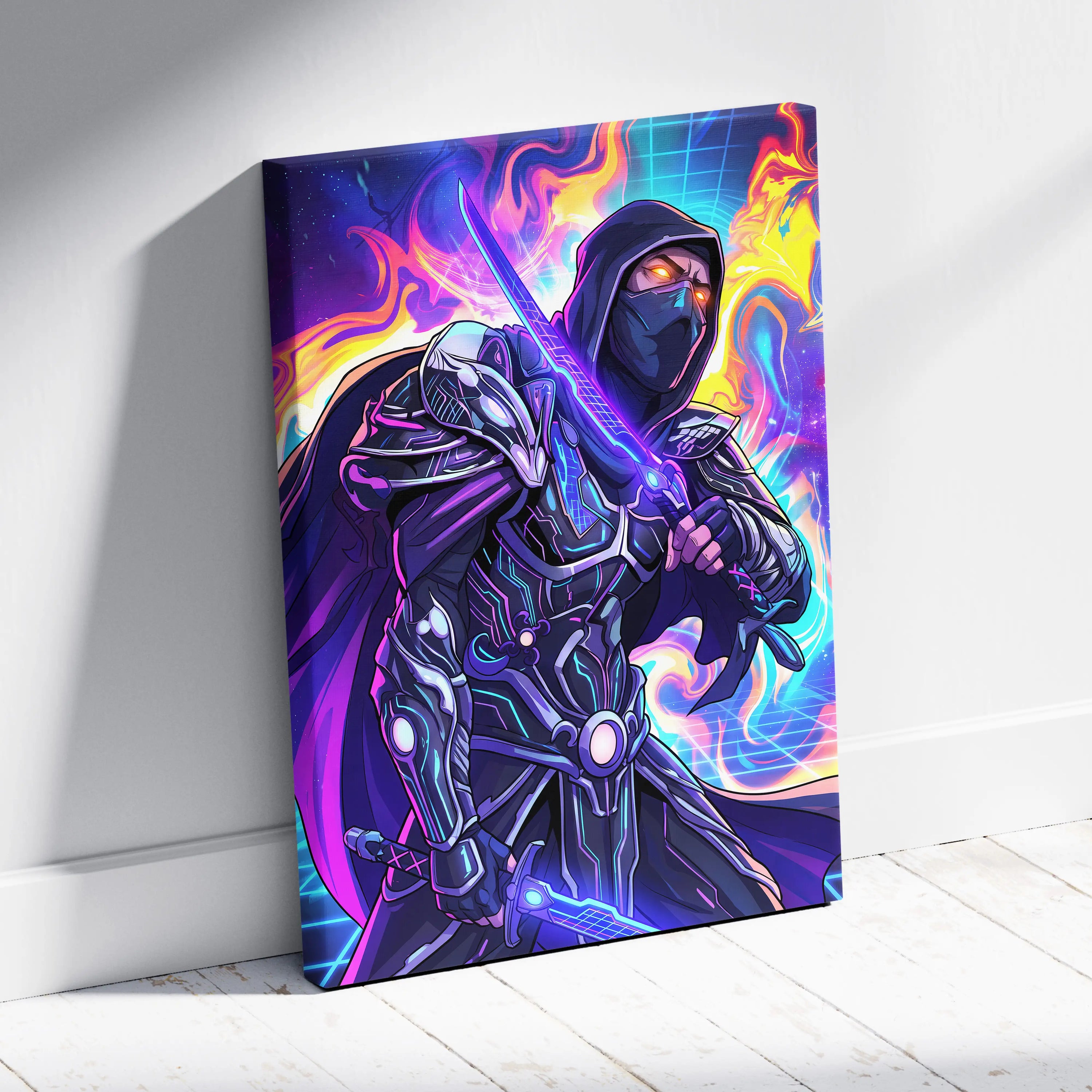 Vaporwave Neon Warrior Canvas - Ninja Warrior Wall Art Neon Pink Blue Living Room Vaporwave Cyberpunk Mood On Canvas
