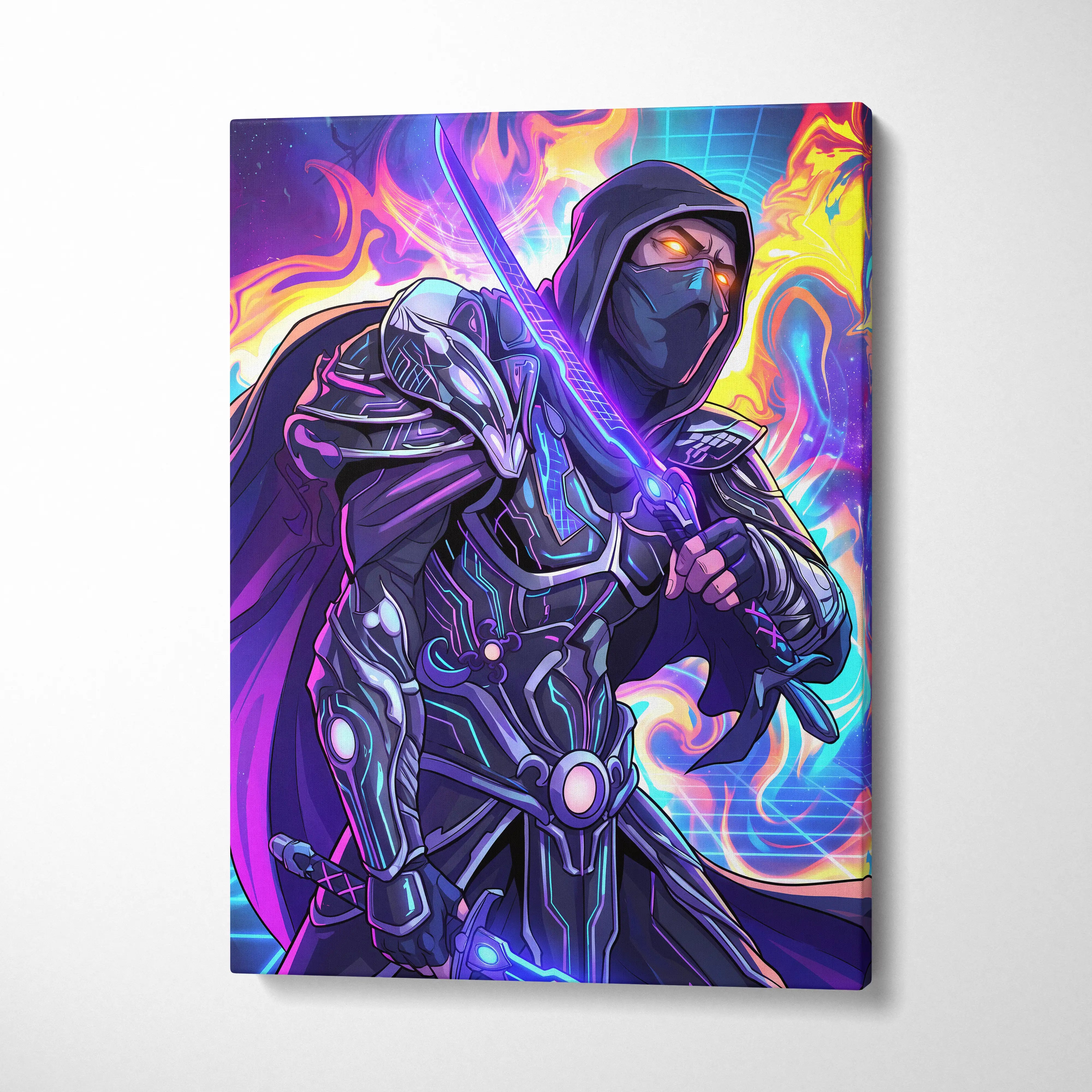 Vaporwave Neon Warrior Canvas - Ninja Warrior Wall Art Neon Pink Blue Living Room Vaporwave Cyberpunk Mood On Canvas