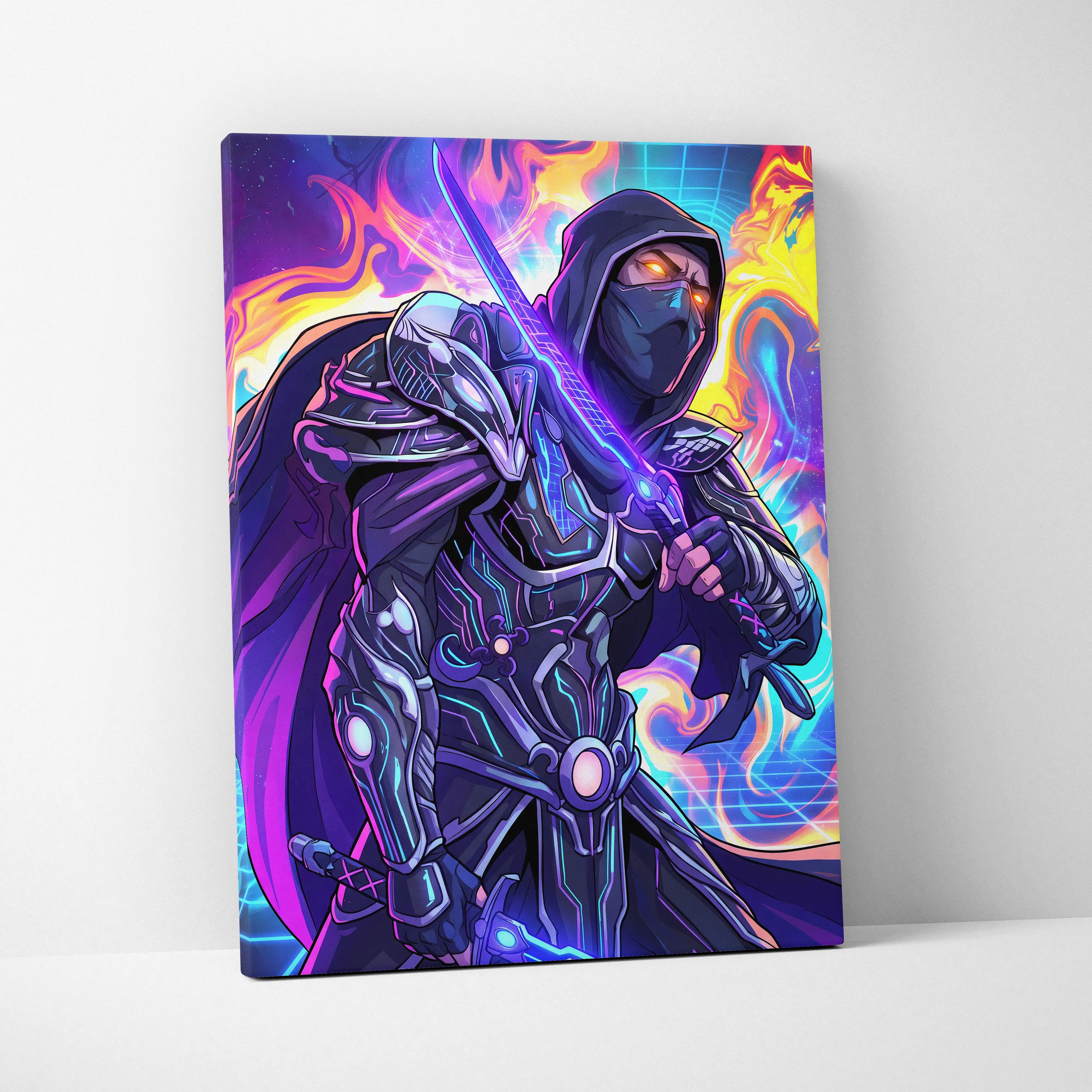 Vaporwave Neon Warrior Canvas - Ninja Warrior Wall Art Neon Pink Blue Living Room Vaporwave Cyberpunk Mood On Canvas