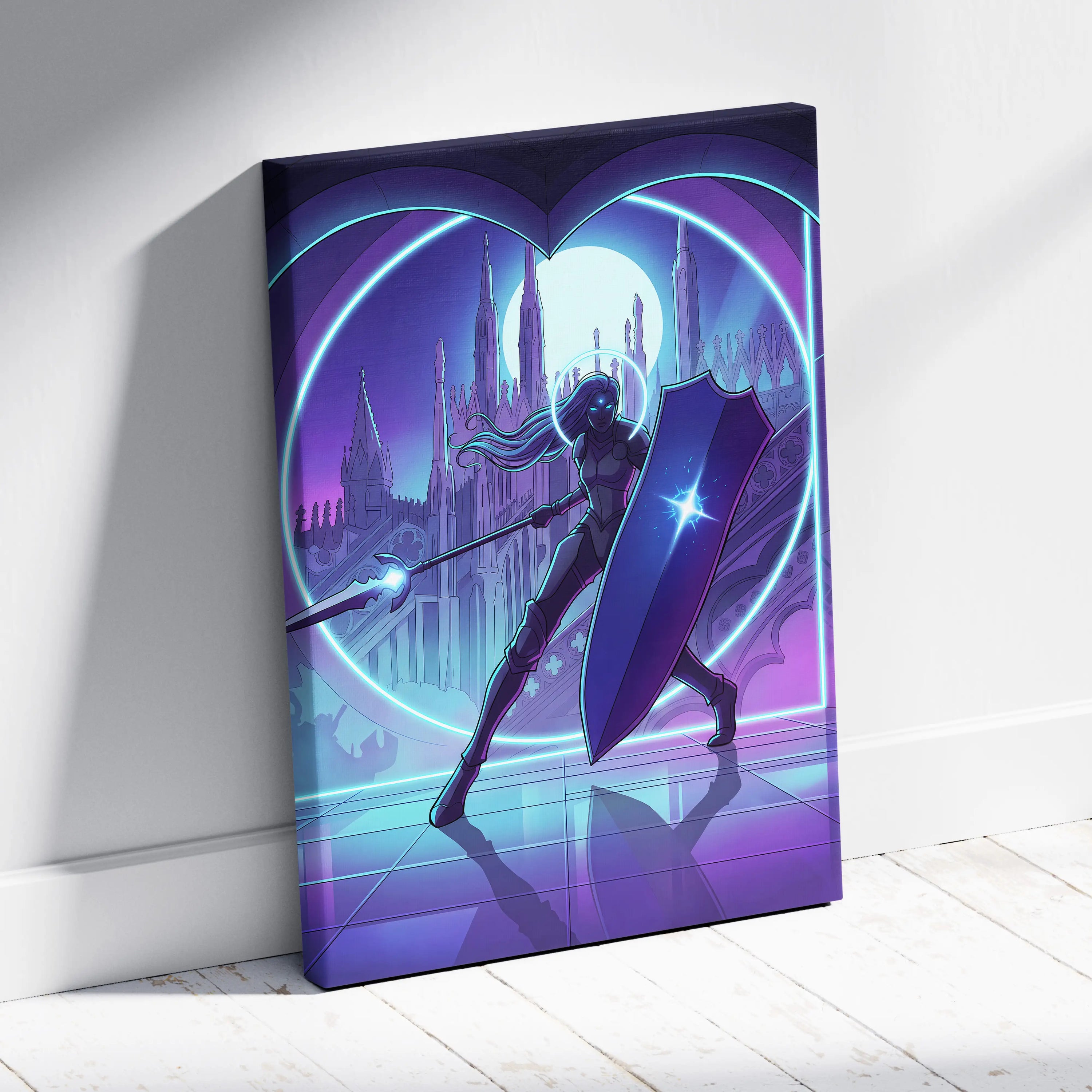 Neon Vapor Knight Canvas Art - Vaporwave Knight Neon Cyan Purple Living Room Wall Art Retro Futurism Moody Neon Glow Synthwave Wall Decor Canvas Print