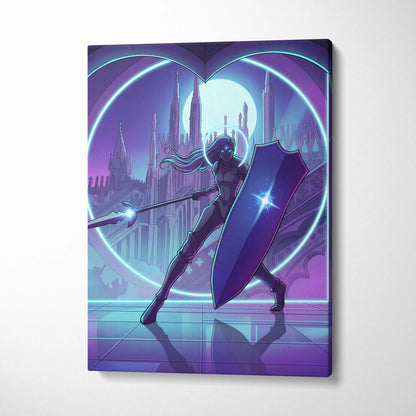 Neon Vapor Knight Canvas Art - Vaporwave Knight Neon Cyan Purple Living Room Wall Art Retro Futurism Moody Neon Glow Synthwave Wall Decor Canvas Print