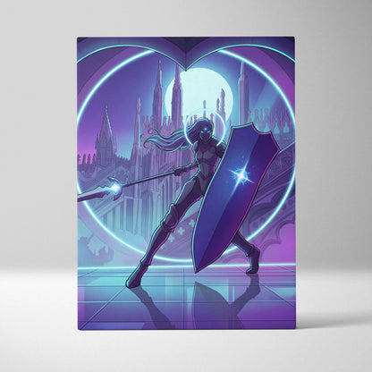 Neon Vapor Knight Canvas Art - Vaporwave Knight Neon Cyan Purple Living Room Wall Art Retro Futurism Moody Neon Glow Synthwave Wall Decor Canvas Print