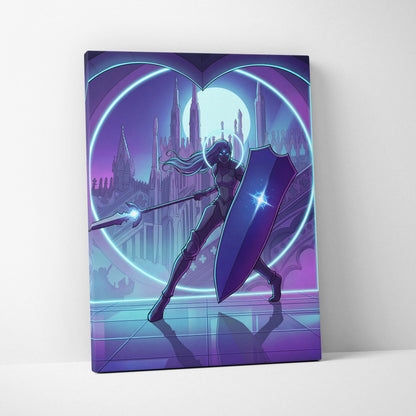 Neon Vapor Knight Canvas Art - Vaporwave Knight Neon Cyan Purple Living Room Wall Art Retro Futurism Moody Neon Glow Synthwave Wall Decor Canvas Print