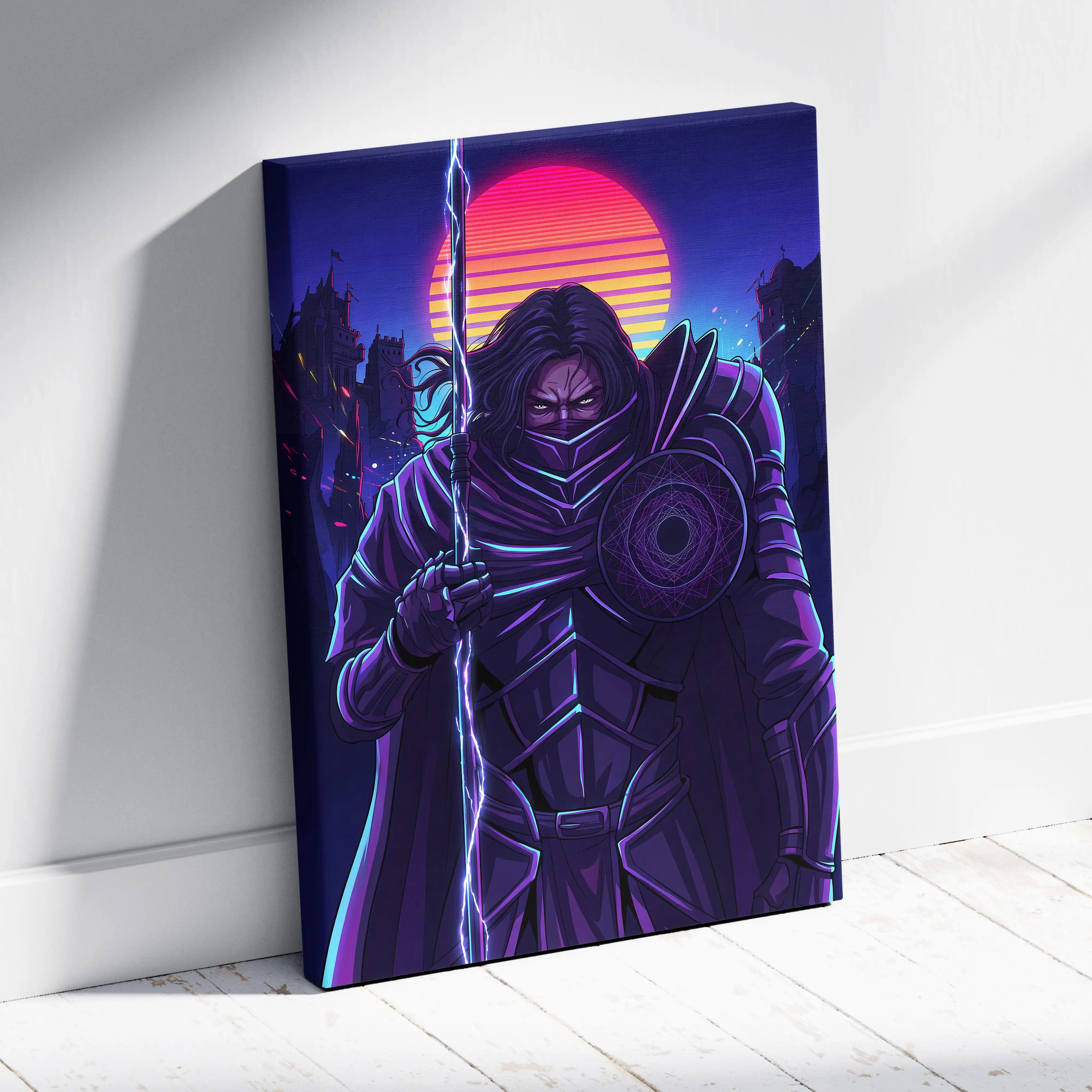 Vaporwave Warrior Neon Sunset Canvas - Vaporwave Warrior Neon Pink Purple Living Room Vaporwave Art Bold Neon Mood Retro Futurism Cyberpunk Wall Art Canvas Print