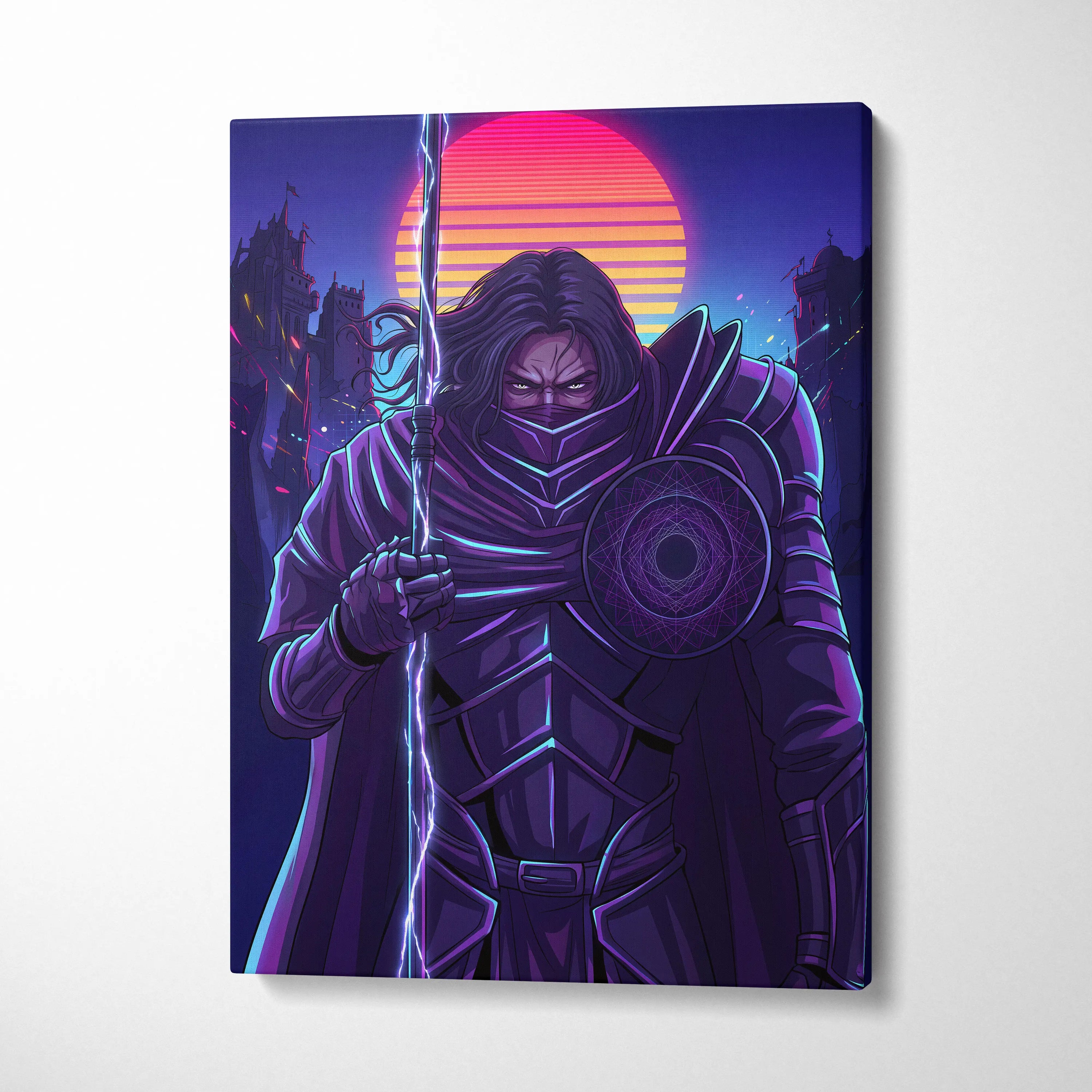 Vaporwave Warrior Neon Sunset Canvas - Vaporwave Warrior Neon Pink Purple Living Room Vaporwave Art Bold Neon Mood Retro Futurism Cyberpunk Wall Art Canvas Print
