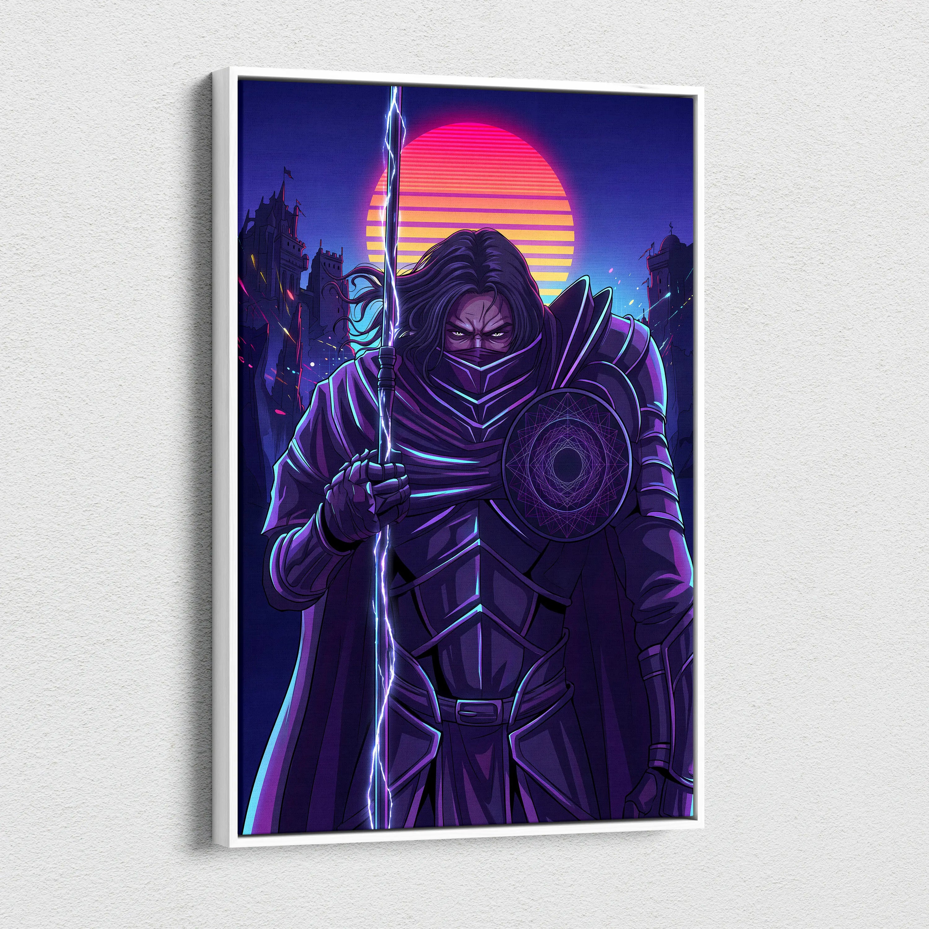 Vaporwave Warrior Neon Sunset Canvas - Vaporwave Warrior Neon Pink Purple Living Room Vaporwave Art Bold Neon Mood Retro Futurism Cyberpunk Wall Art Canvas Print