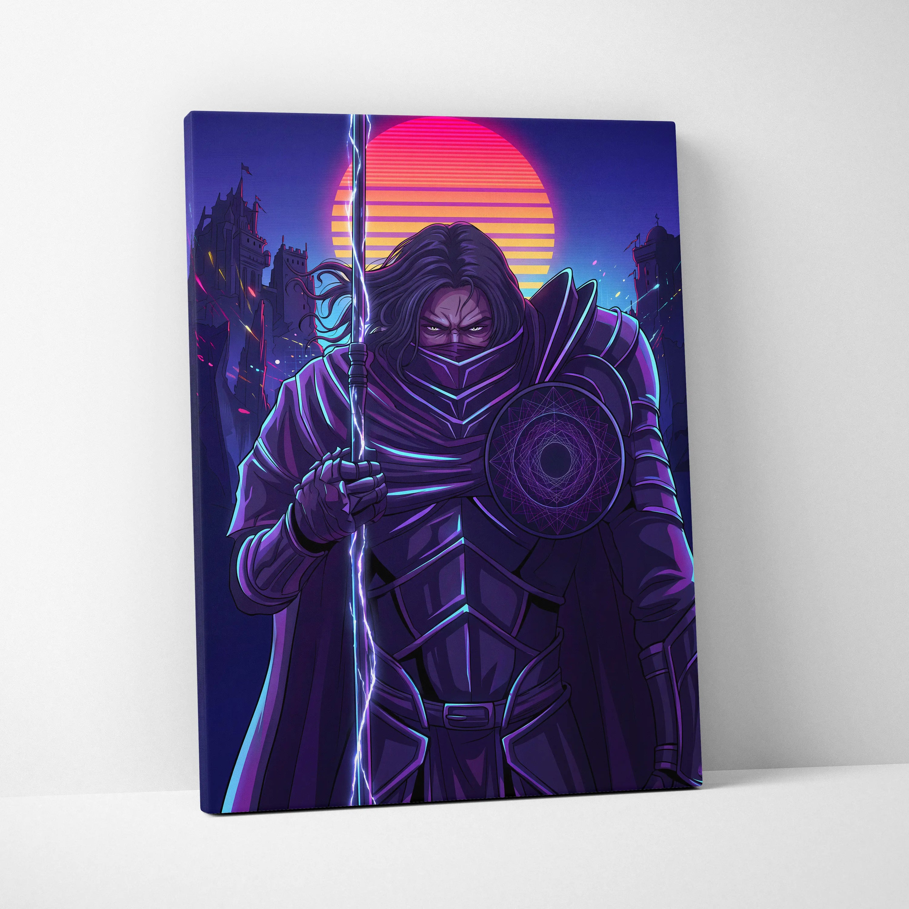 Vaporwave Warrior Neon Sunset Canvas - Vaporwave Warrior Neon Pink Purple Living Room Vaporwave Art Bold Neon Mood Retro Futurism Cyberpunk Wall Art Canvas Print