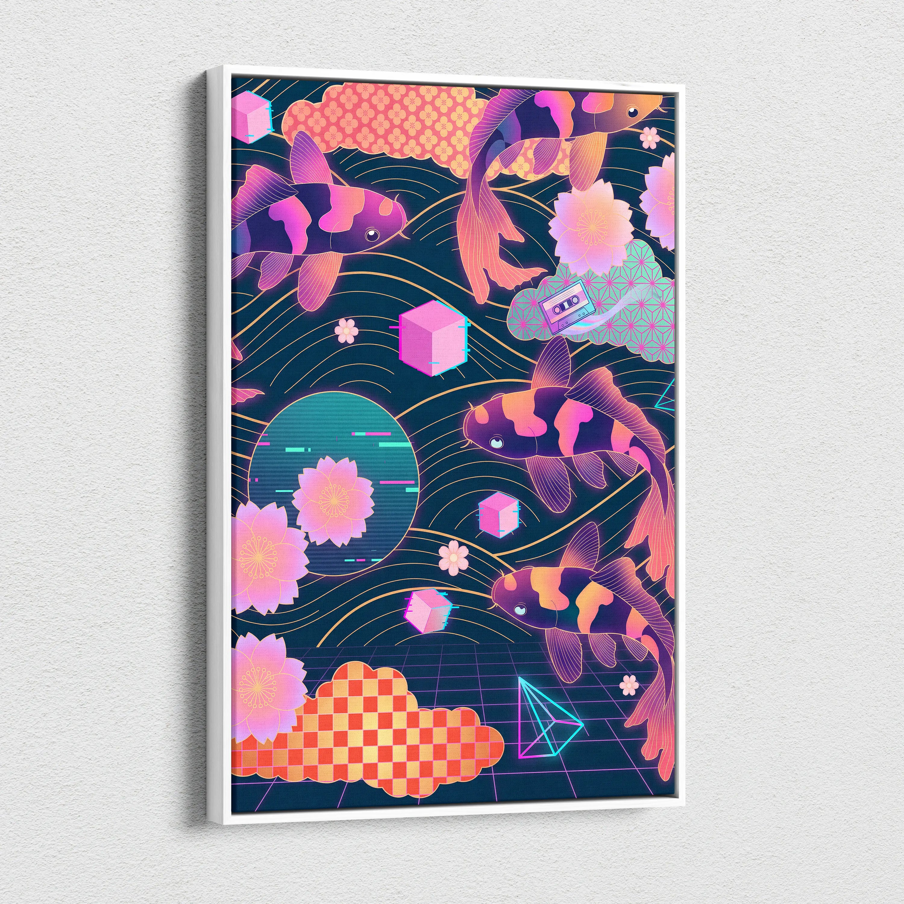 Koi Neon Sakura Vaporwave Canvas - Koi Art Neon Pink Teal Living Room Vaporwave Neon Mood Japanese Koi Wall Art Canvas