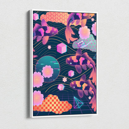 Koi Neon Sakura Vaporwave Canvas - Koi Art Neon Pink Teal Living Room Vaporwave Neon Mood Japanese Koi Wall Art Canvas