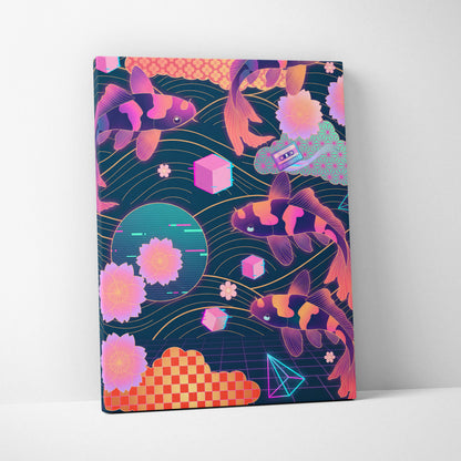 Koi Neon Sakura Vaporwave Canvas - Koi Art Neon Pink Teal Living Room Vaporwave Neon Mood Japanese Koi Wall Art Canvas