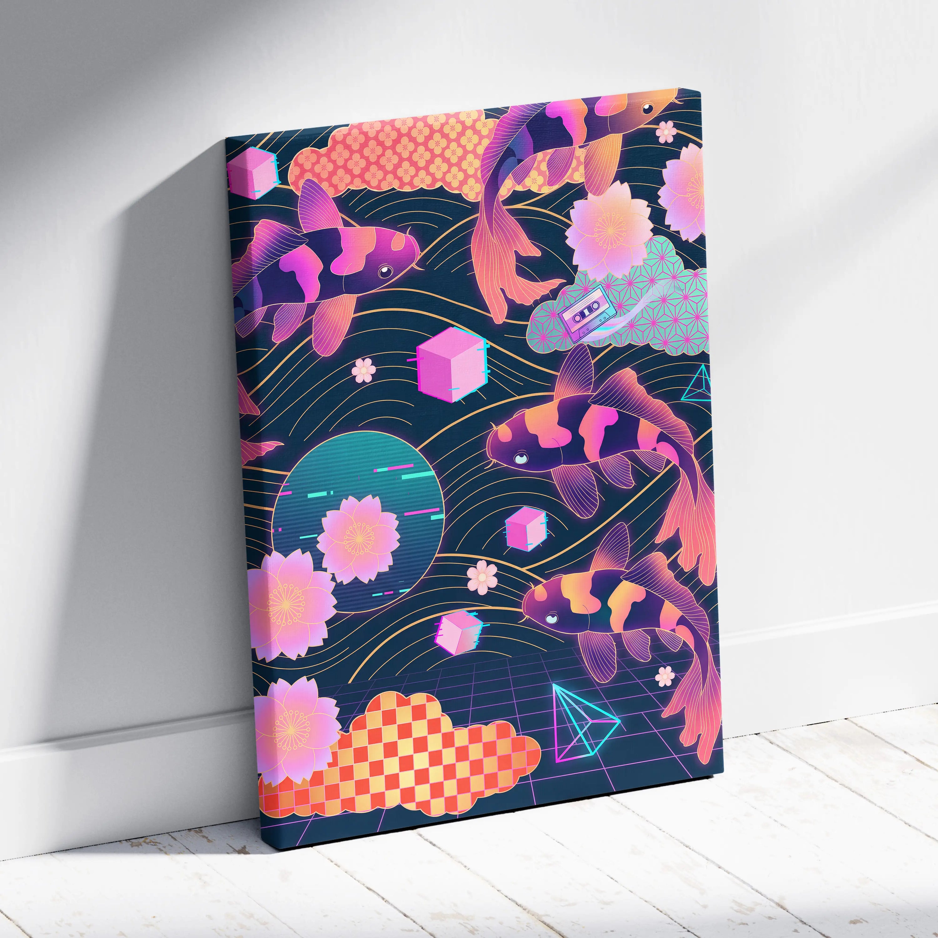 Koi Neon Sakura Vaporwave Canvas - Koi Art Neon Pink Teal Living Room Vaporwave Neon Mood Japanese Koi Wall Art Canvas