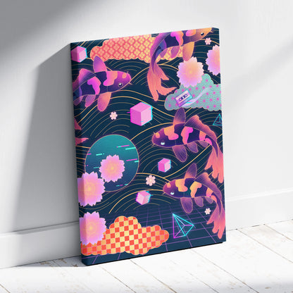 Koi Neon Sakura Vaporwave Canvas - Koi Art Neon Pink Teal Living Room Vaporwave Neon Mood Japanese Koi Wall Art Canvas