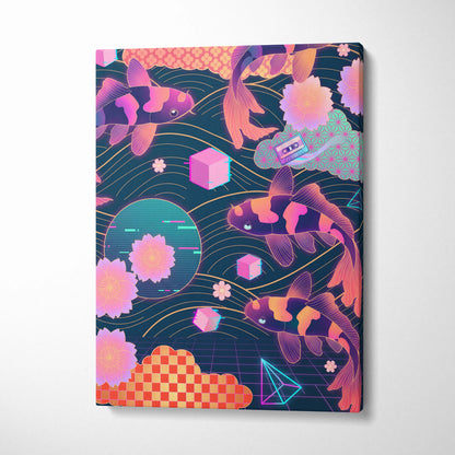 Koi Neon Sakura Vaporwave Canvas - Koi Art Neon Pink Teal Living Room Vaporwave Neon Mood Japanese Koi Wall Art Canvas