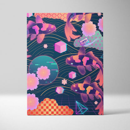Koi Neon Sakura Vaporwave Canvas - Koi Art Neon Pink Teal Living Room Vaporwave Neon Mood Japanese Koi Wall Art Canvas