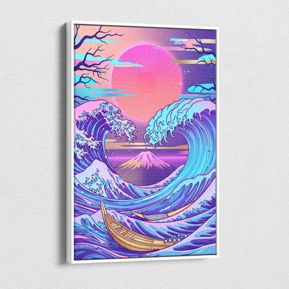 Neon Fuji Vaporwave Canvas - Japanese Landscape Neon Pink Purple Living Room Vaporwave Dreamy Mood Wall Art Canvas