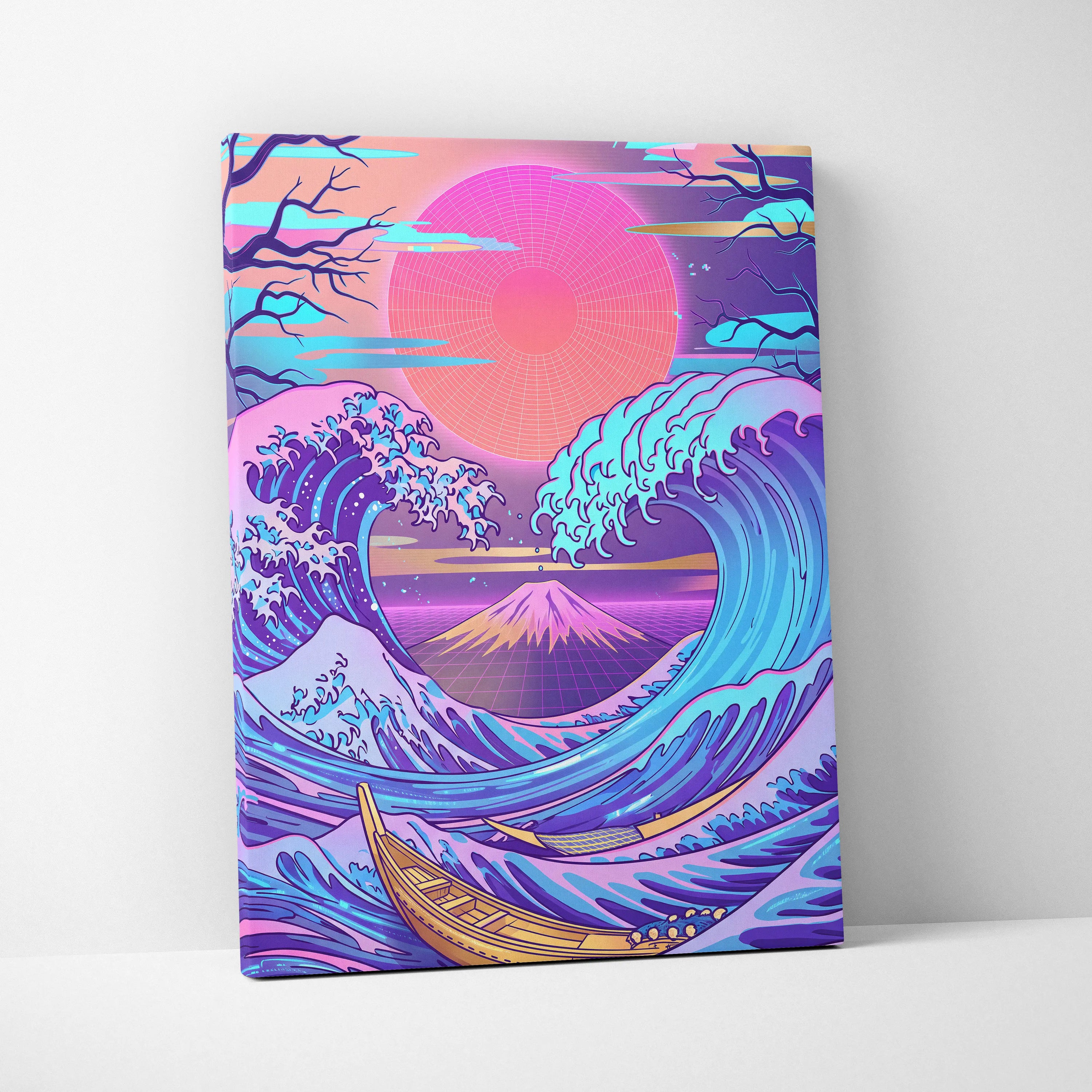 Neon Fuji Vaporwave Canvas - Japanese Landscape Neon Pink Purple Living Room Vaporwave Dreamy Mood Wall Art Canvas