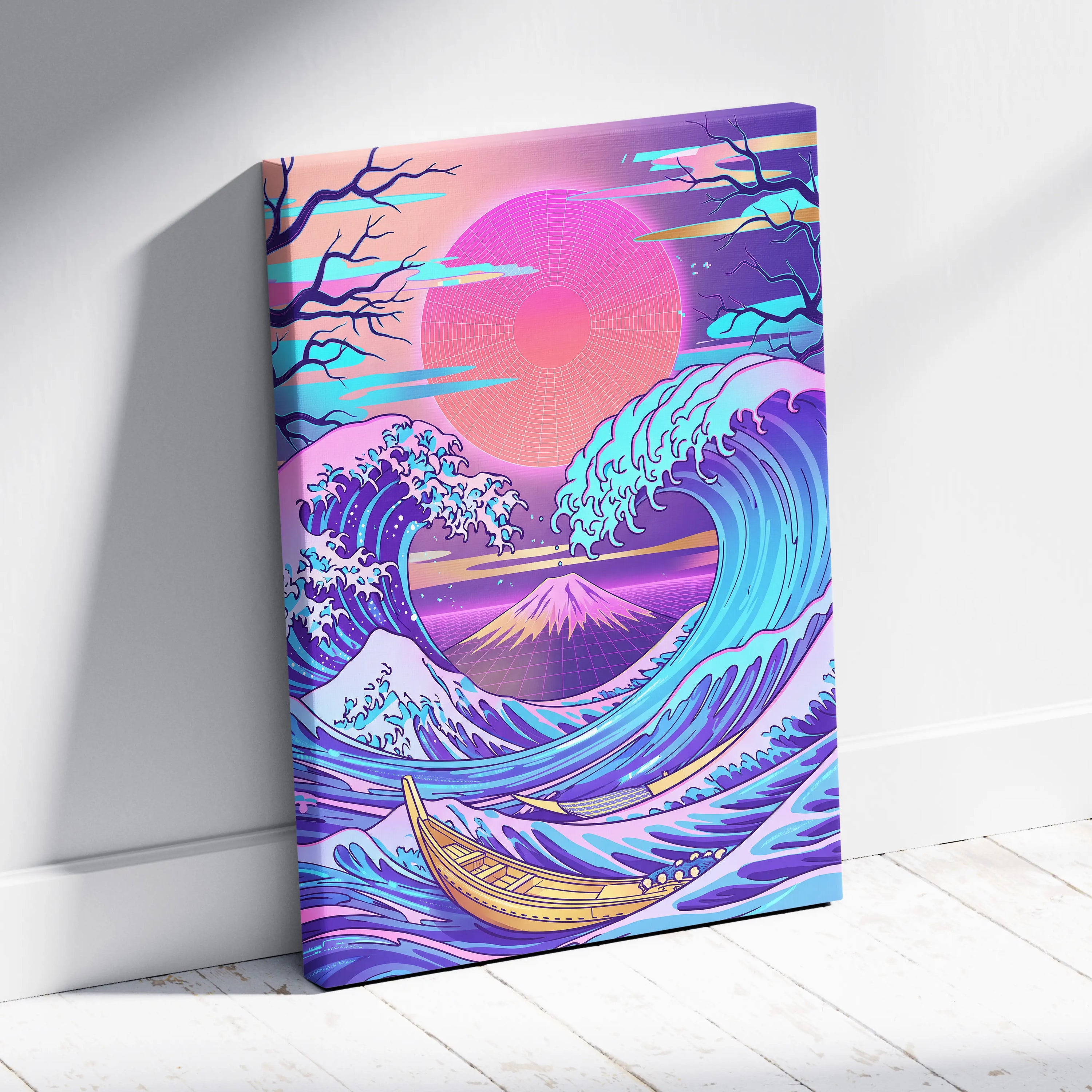 Neon Fuji Vaporwave Canvas - Japanese Landscape Neon Pink Purple Living Room Vaporwave Dreamy Mood Wall Art Canvas