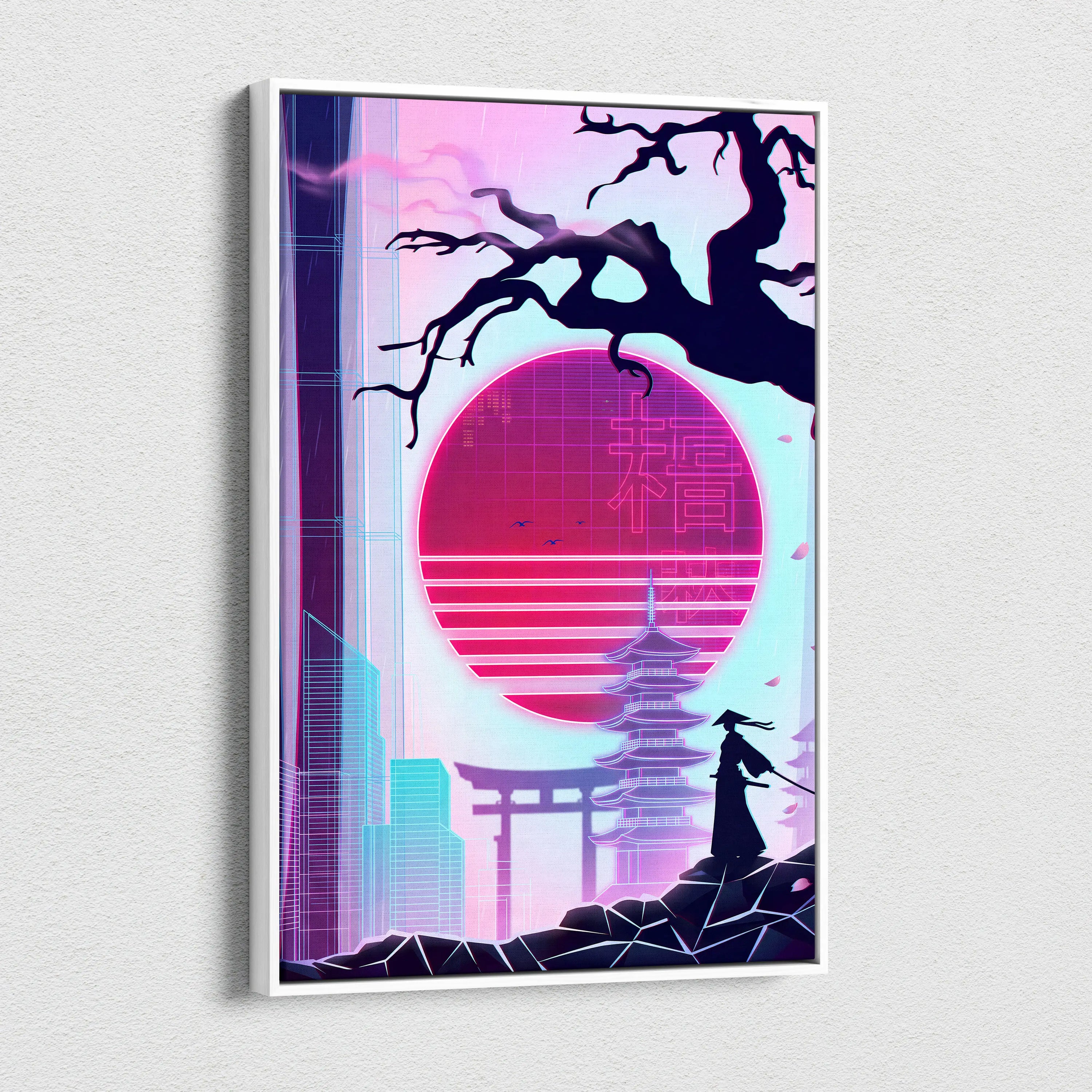 Vaporwave Japan Neon Sunset - Japan Landscape Neon Pink Purple Cyan Living Room Vaporwave Dreamy Nostalgic Modern Canvas