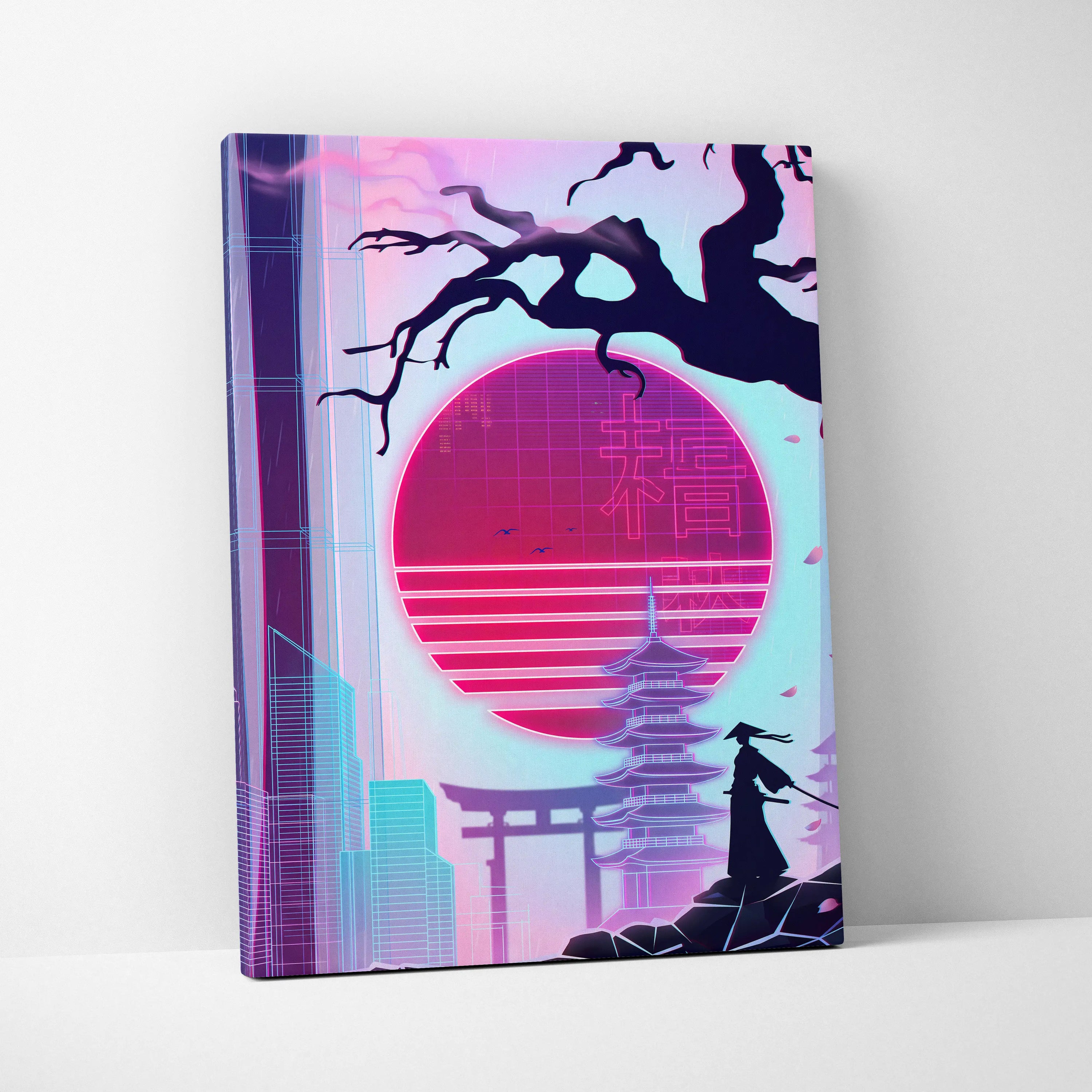 Vaporwave Japan Neon Sunset - Japan Landscape Neon Pink Purple Cyan Living Room Vaporwave Dreamy Nostalgic Modern Canvas
