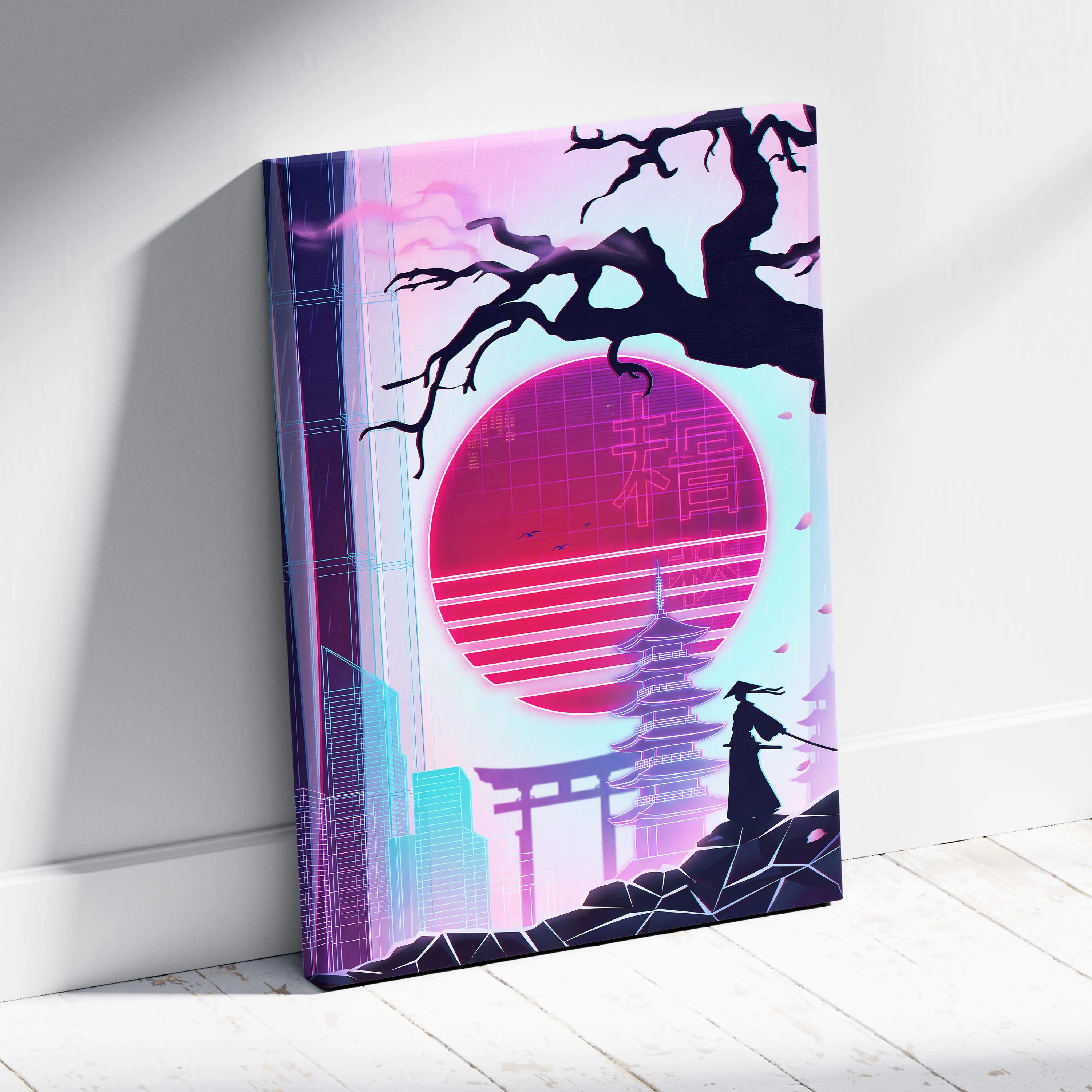 Vaporwave Japan Neon Sunset - Japan Landscape Neon Pink Purple Cyan Living Room Vaporwave Dreamy Nostalgic Modern Canvas