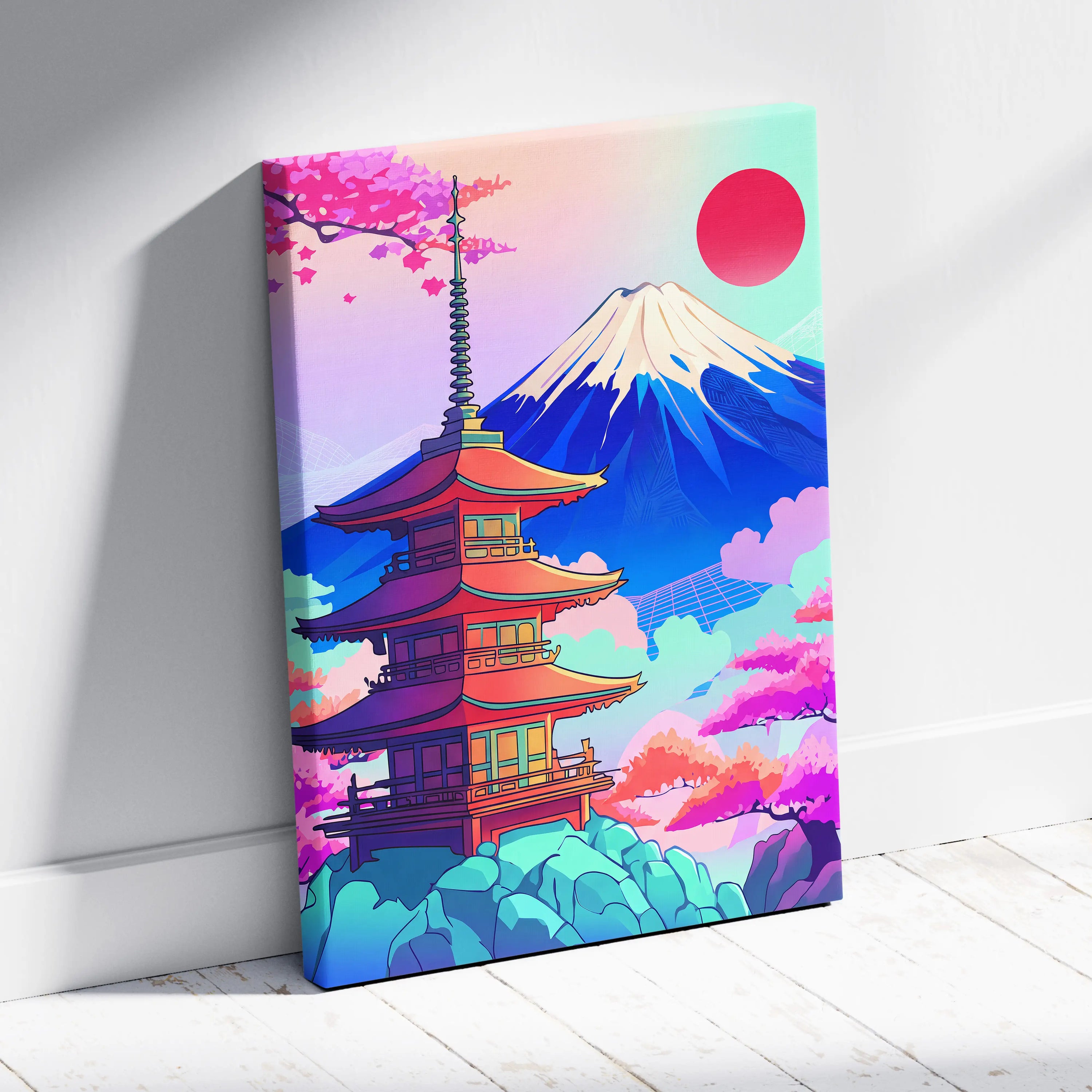 Vaporwave Japan Mount Fuji Canvas - Fuji Landscape Pastel Neon Living Room Vaporwave Dreamy Mood Retro Futurism Canvas