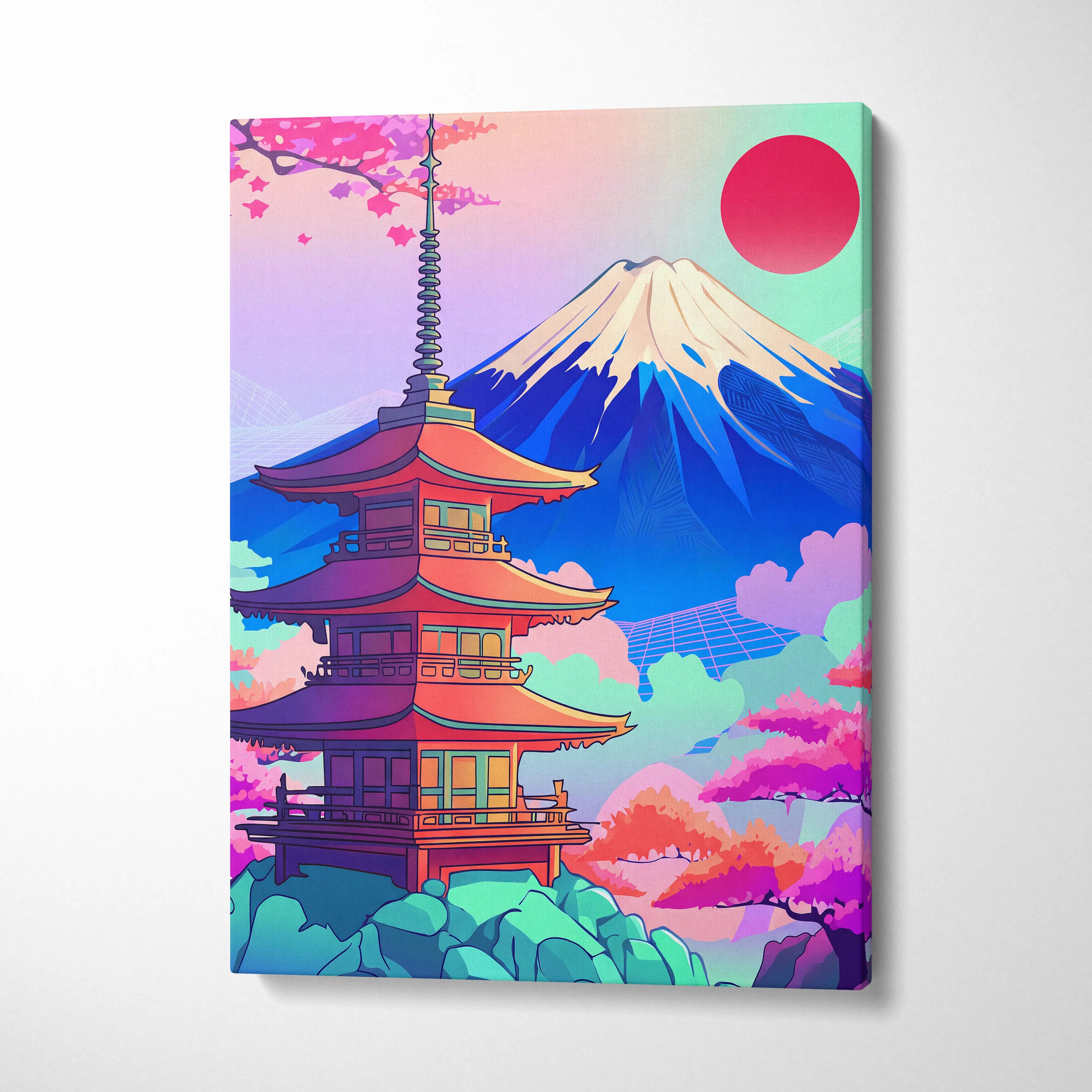 Vaporwave Japan Mount Fuji Canvas - Fuji Landscape Pastel Neon Living Room Vaporwave Dreamy Mood Retro Futurism Canvas