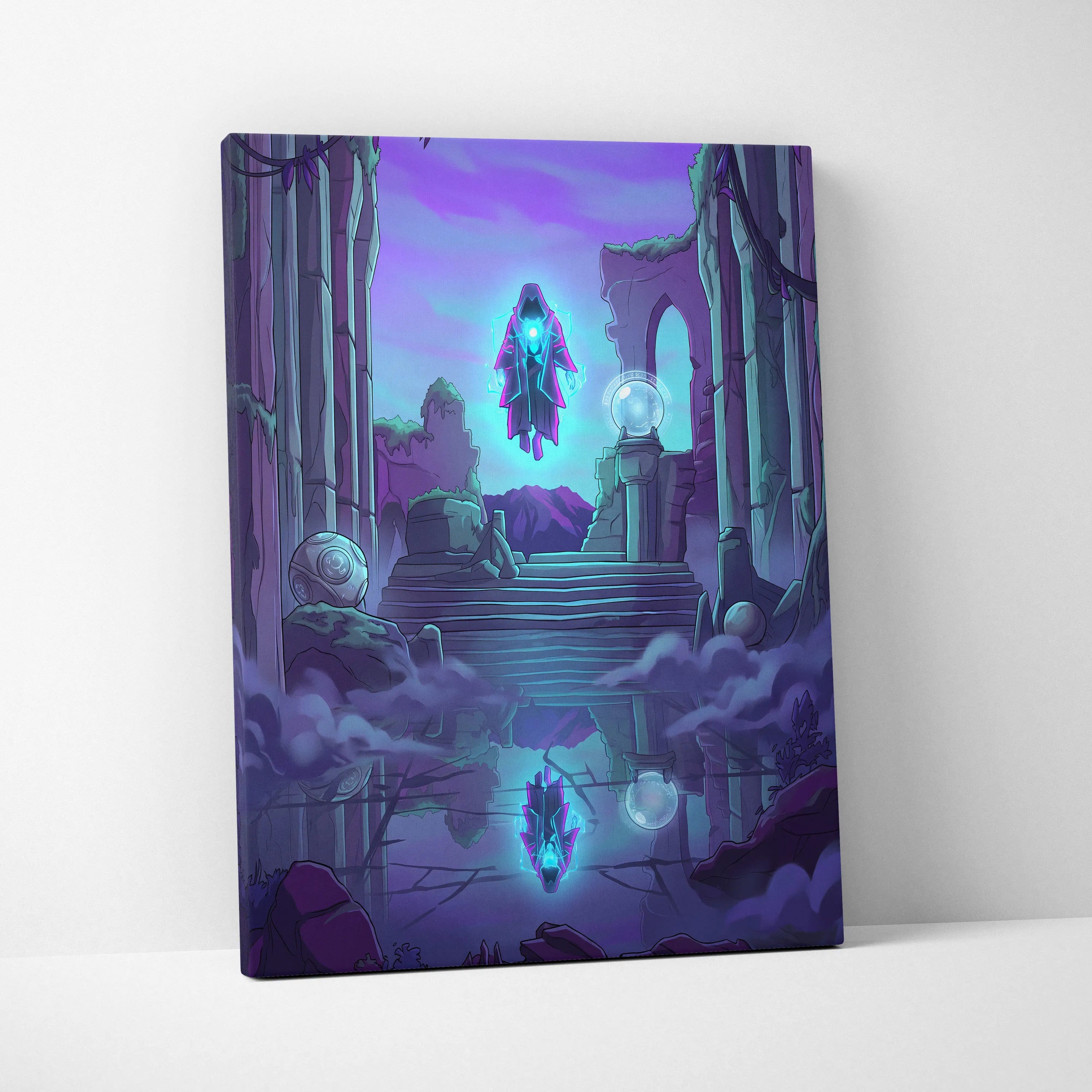 Vaporwave Neon Oracle Canvas - Hooded Figure Neon Purple Blue Vaporwave Living Mystical Mood Neon Decor Canvas