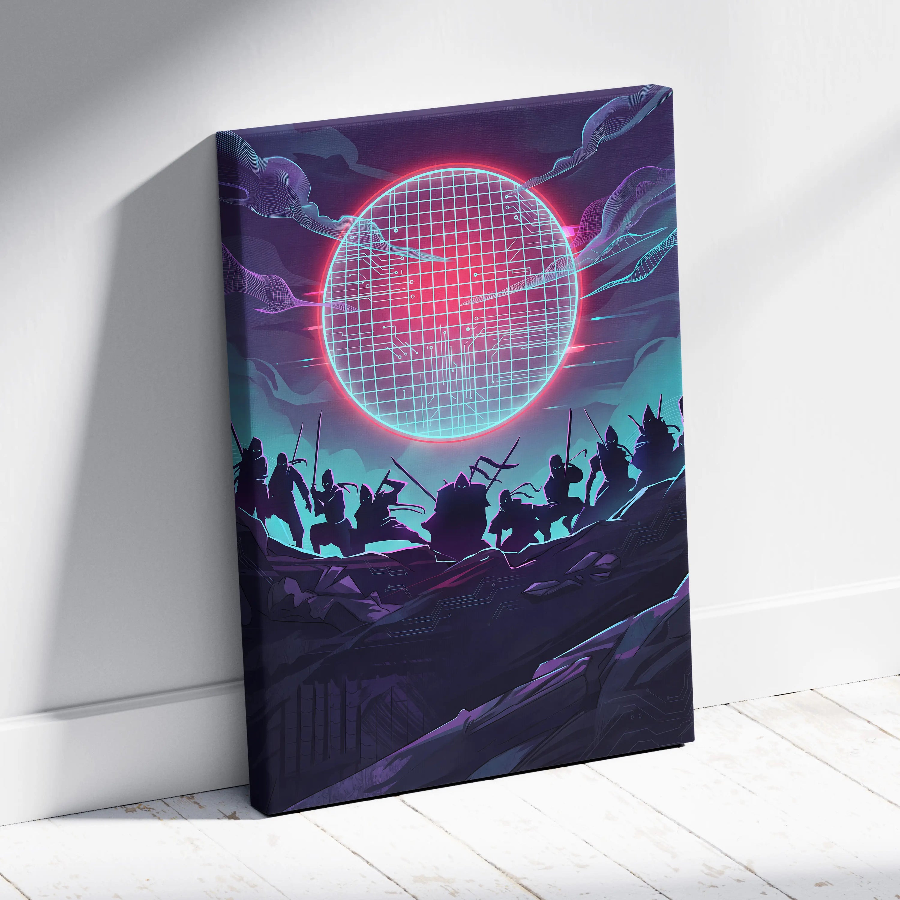 Vaporwave Neon Grid Canvas - Vaporwave Pink Blue Purple Living Room Cyberpunk Mood Dreamy Retro Decor Print