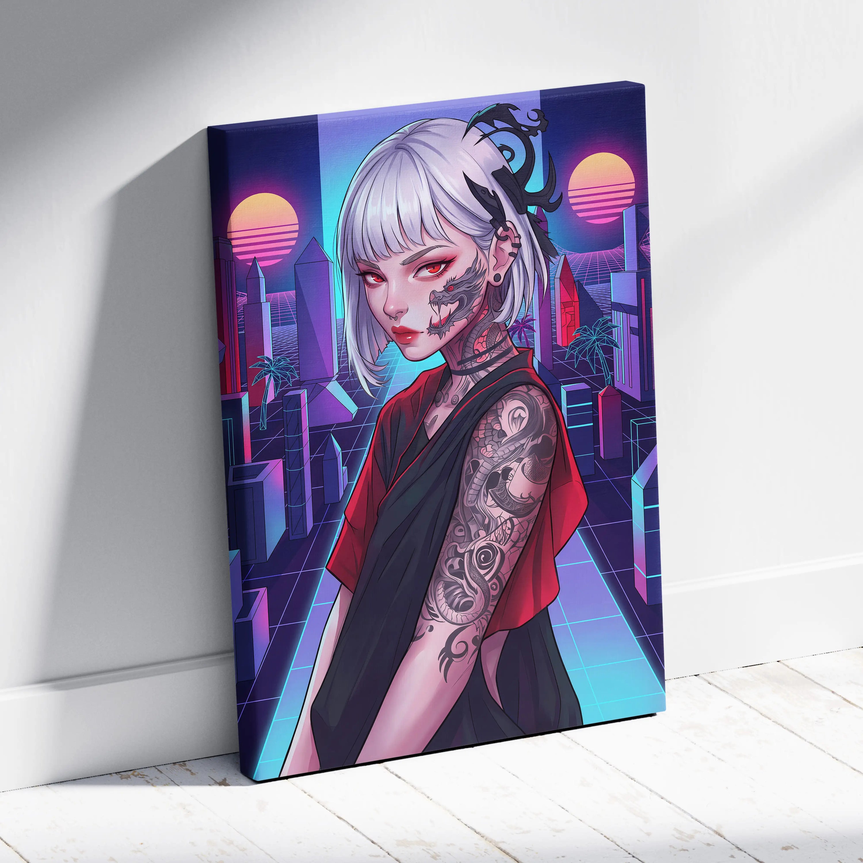 Vaporwave Portrait Neon City Canvas - Neon Pink Purple Cyan Style Synthwave Canvas Print