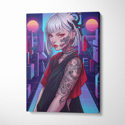 Vaporwave Portrait Neon City Canvas - Neon Pink Purple Cyan Style Synthwave Canvas Print
