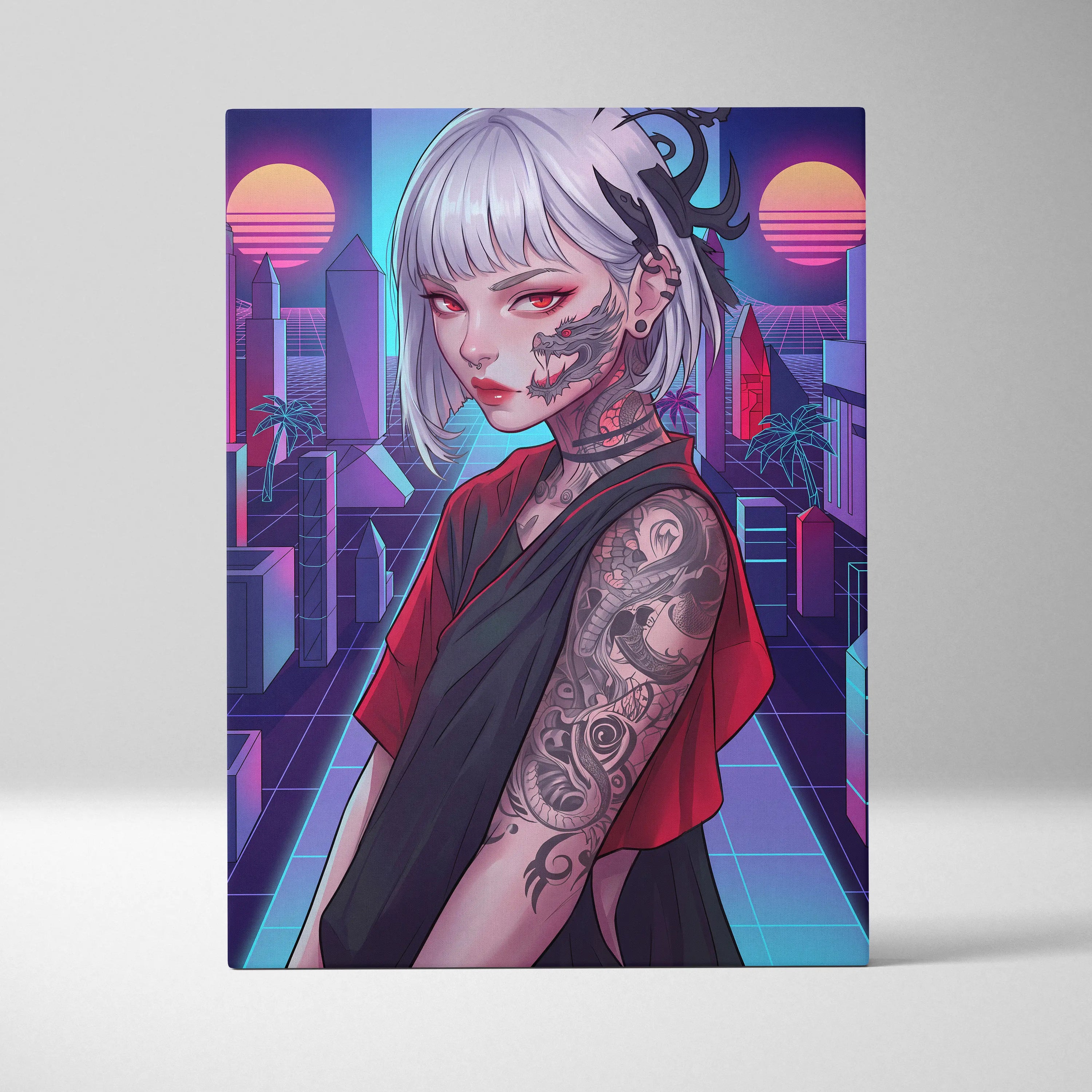 Vaporwave Portrait Neon City Canvas - Neon Pink Purple Cyan Style Synthwave Canvas Print