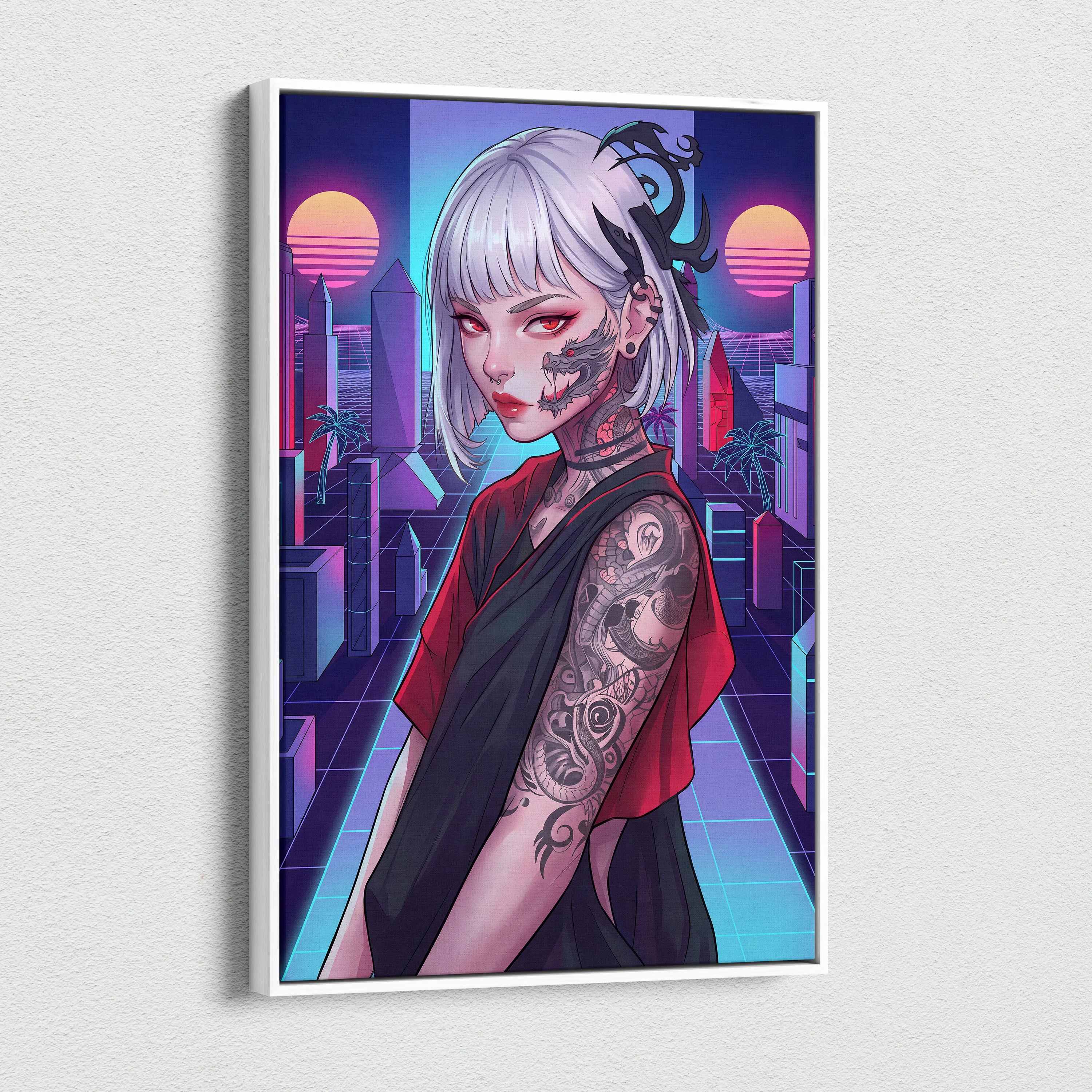 Vaporwave Portrait Neon City Canvas - Neon Pink Purple Cyan Style Synthwave Canvas Print