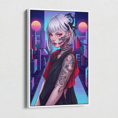 Vaporwave Portrait Neon City Canvas - Neon Pink Purple Cyan Style Synthwave Canvas Print