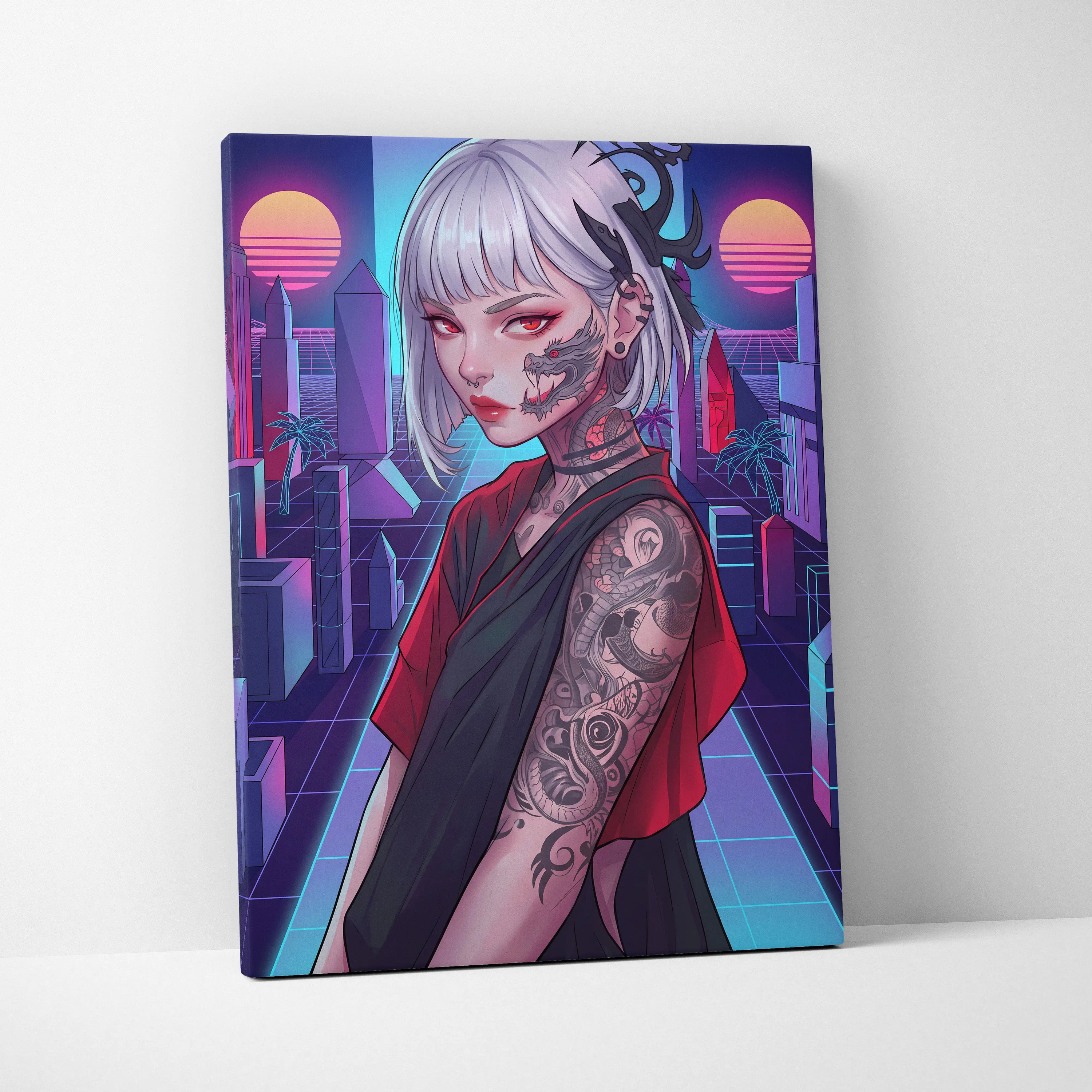 Vaporwave Portrait Neon City Canvas - Neon Pink Purple Cyan Style Synthwave Canvas Print