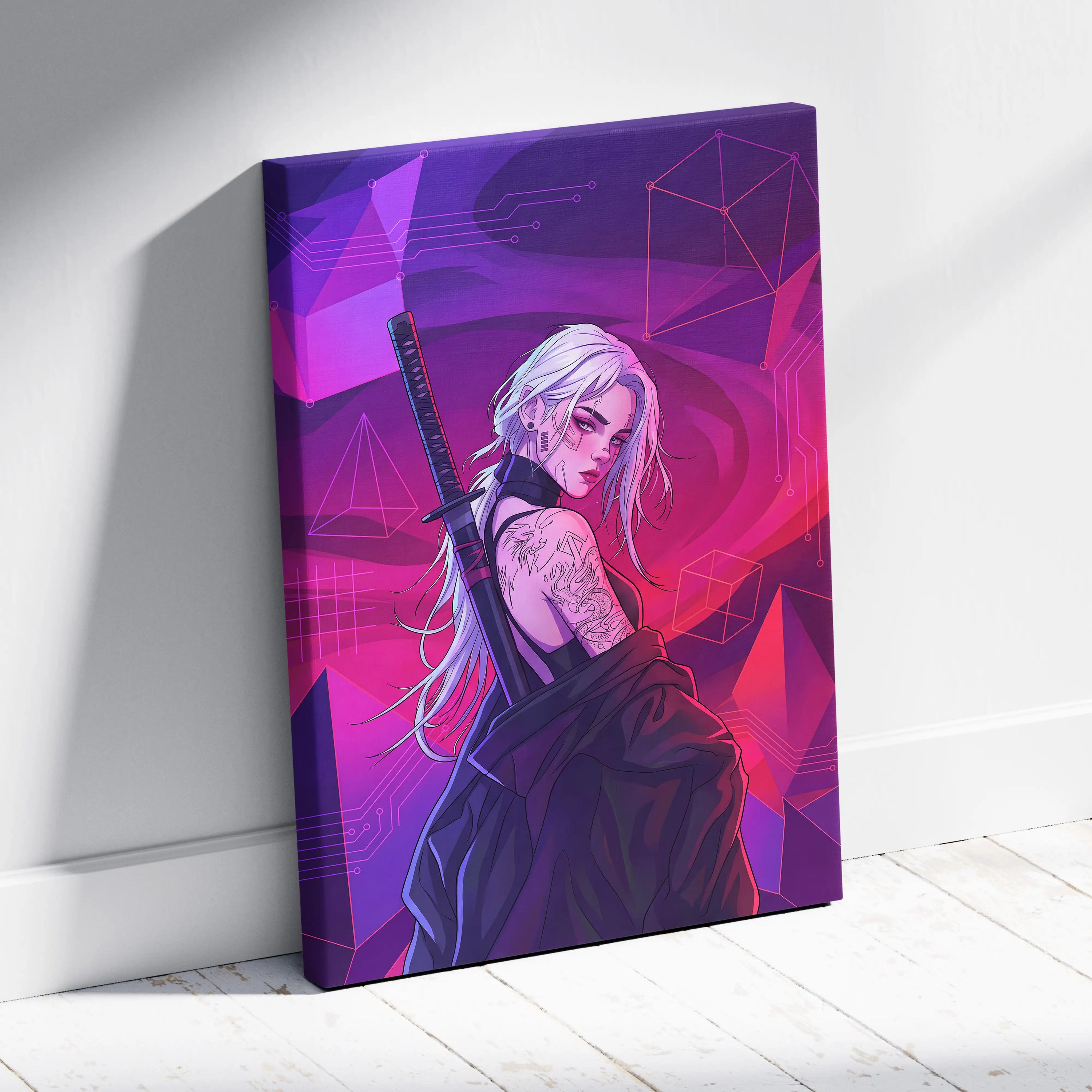 Vaporwave Neon Warrior Canvas - Vaporwave Warrior Neon Pink Canvas Living Room Decor Cyberpunk Moody Futurism Wall Art