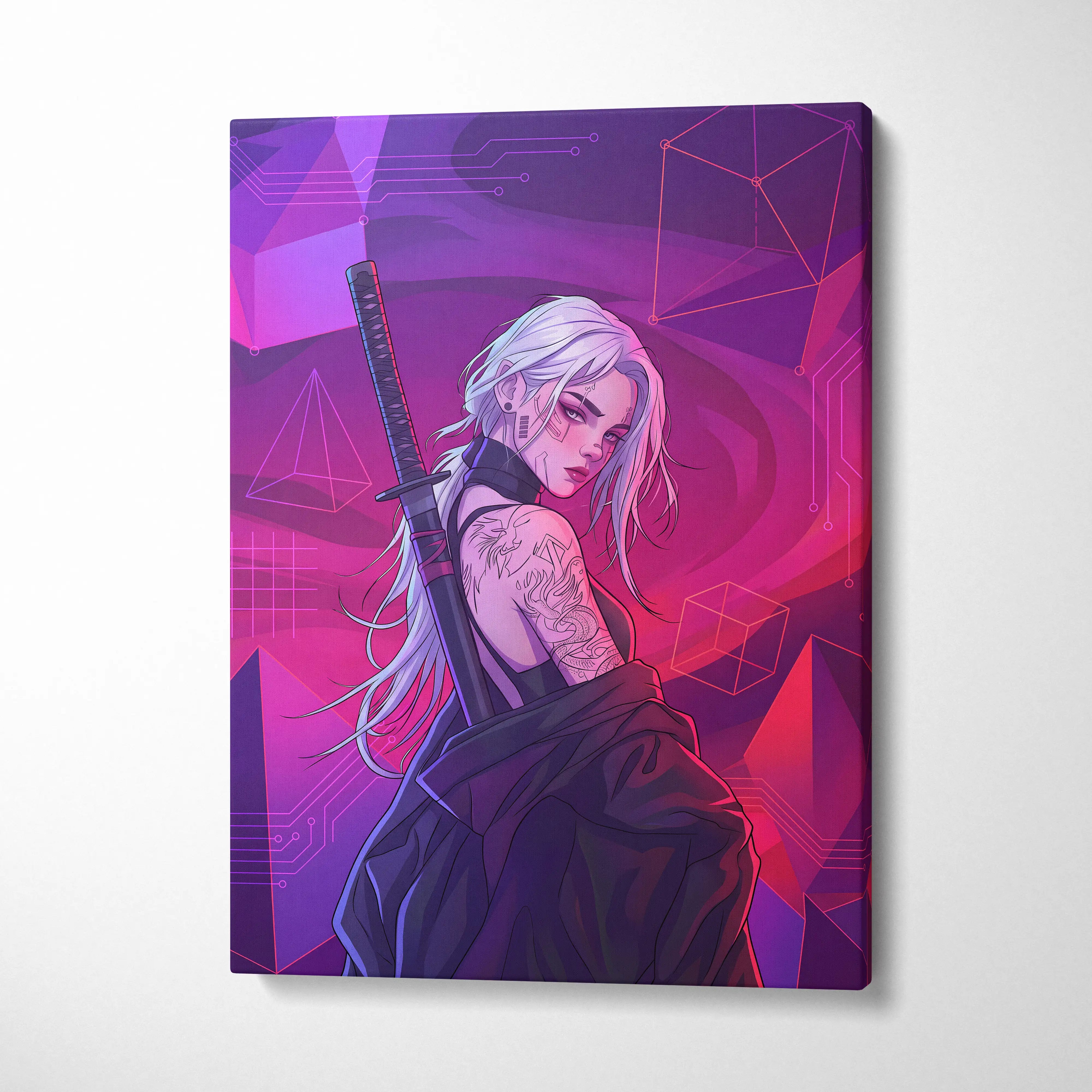 Vaporwave Neon Warrior Canvas - Vaporwave Warrior Neon Pink Canvas Living Room Decor Cyberpunk Moody Futurism Wall Art