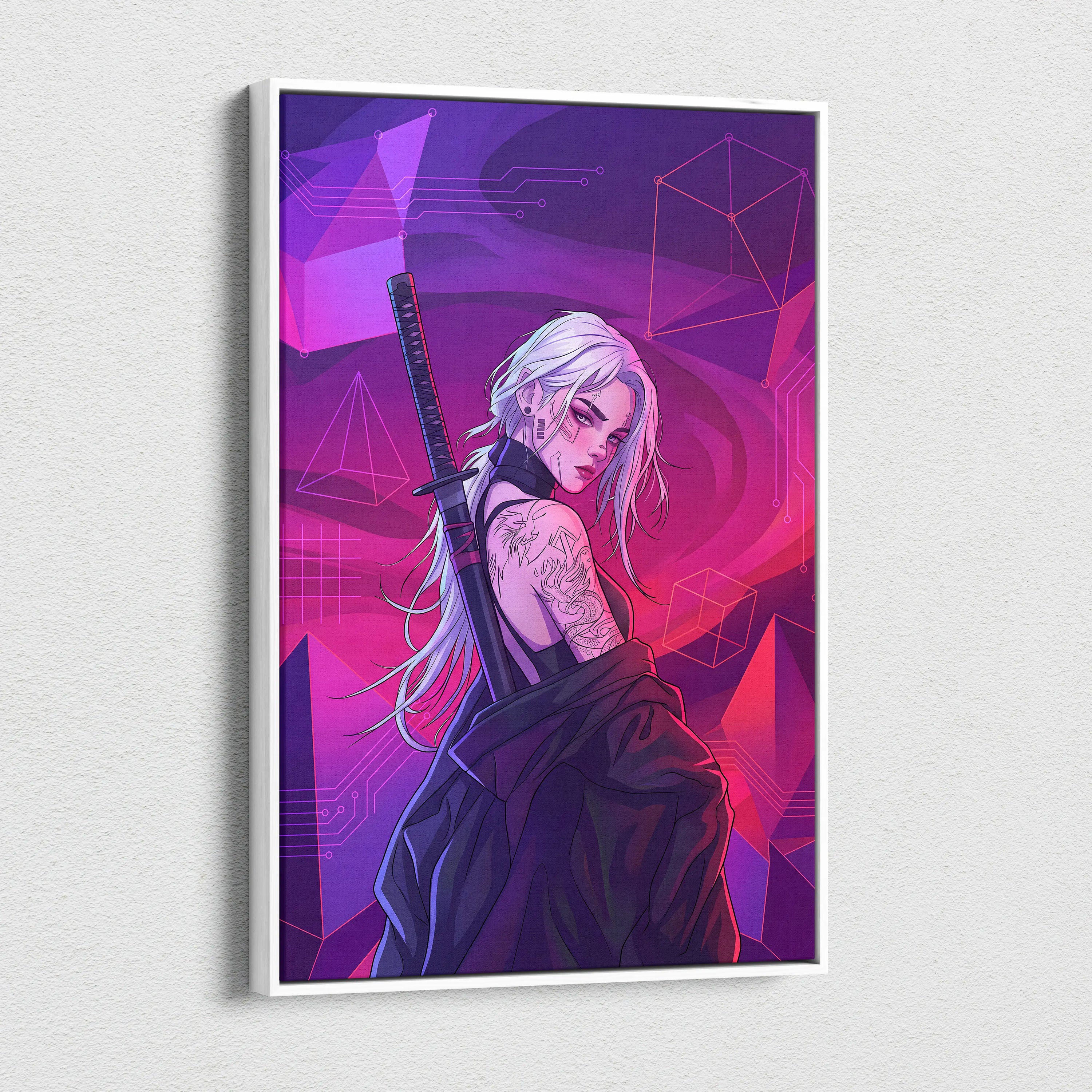 Vaporwave Neon Warrior Canvas - Vaporwave Warrior Neon Pink Canvas Living Room Decor Cyberpunk Moody Futurism Wall Art