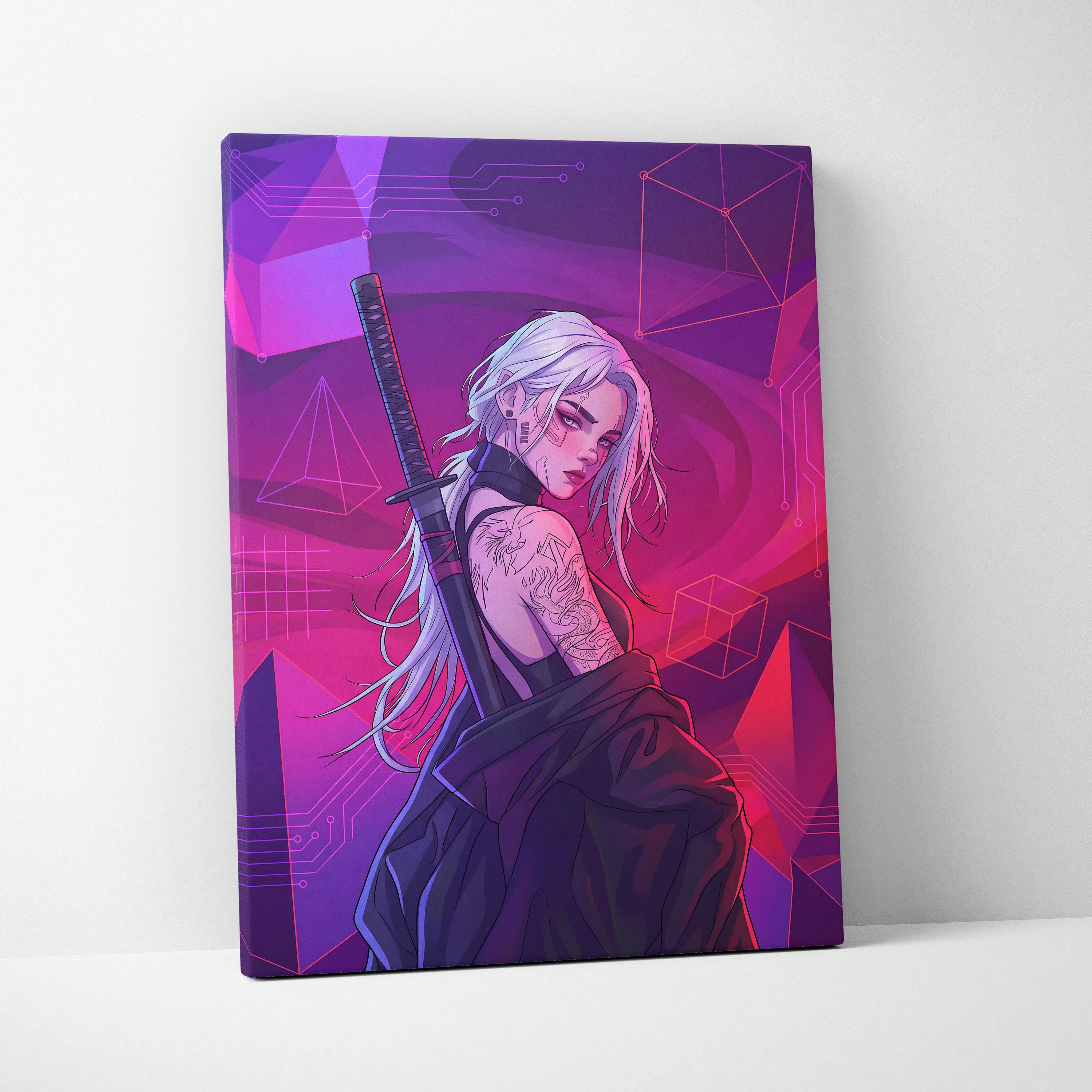 Vaporwave Neon Warrior Canvas - Vaporwave Warrior Neon Pink Canvas Living Room Decor Cyberpunk Moody Futurism Wall Art
