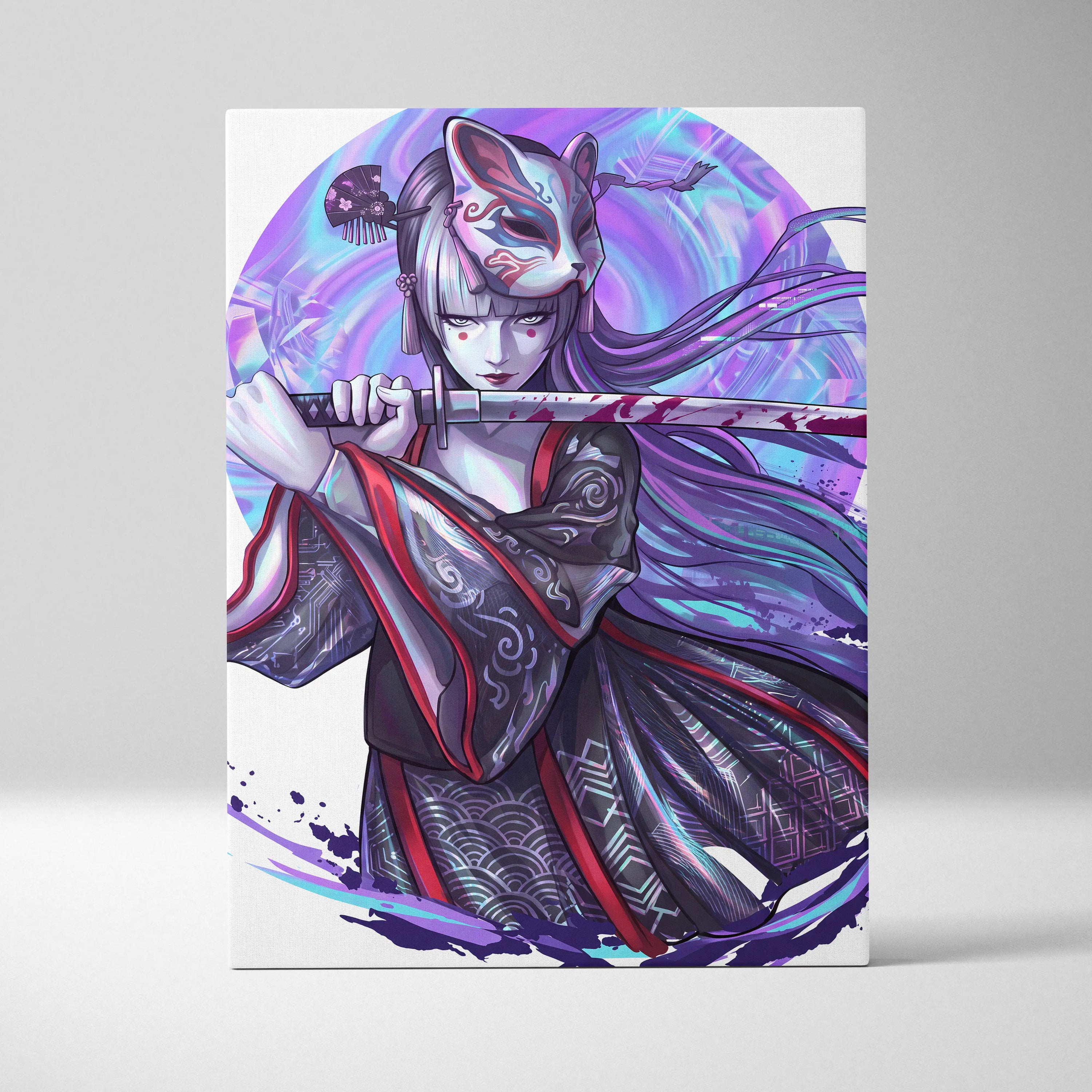 Neon Katana Geisha Vaporwave Canvas - Geisha Figure Neon Purple Blue Vaporwave Mood Mystical Decor Canvas Print