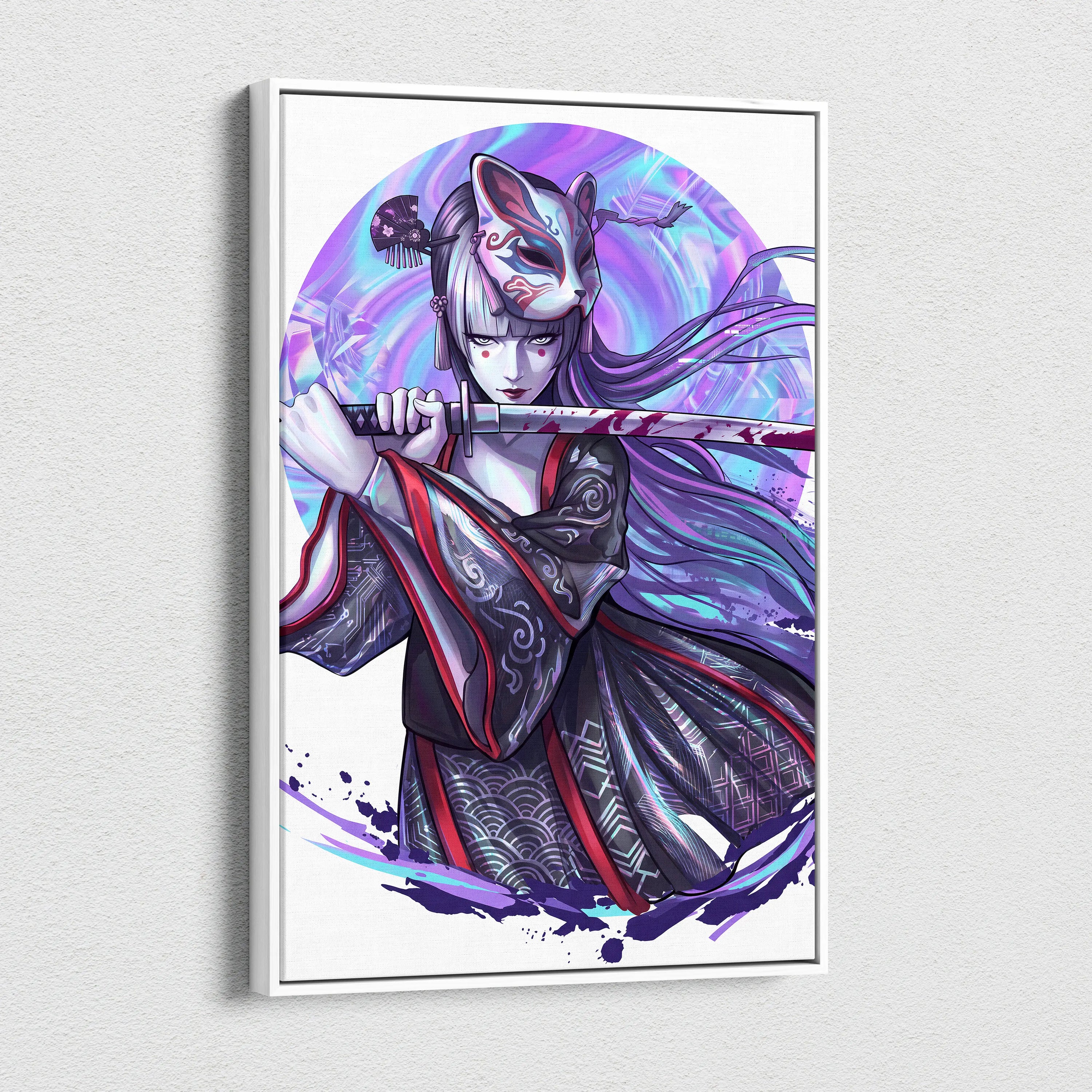 Neon Katana Geisha Vaporwave Canvas - Geisha Figure Neon Purple Blue Vaporwave Mood Mystical Decor Canvas Print