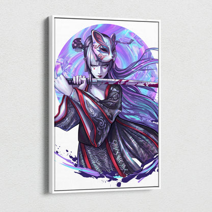 Neon Katana Geisha Vaporwave Canvas - Geisha Figure Neon Purple Blue Vaporwave Mood Mystical Decor Canvas Print