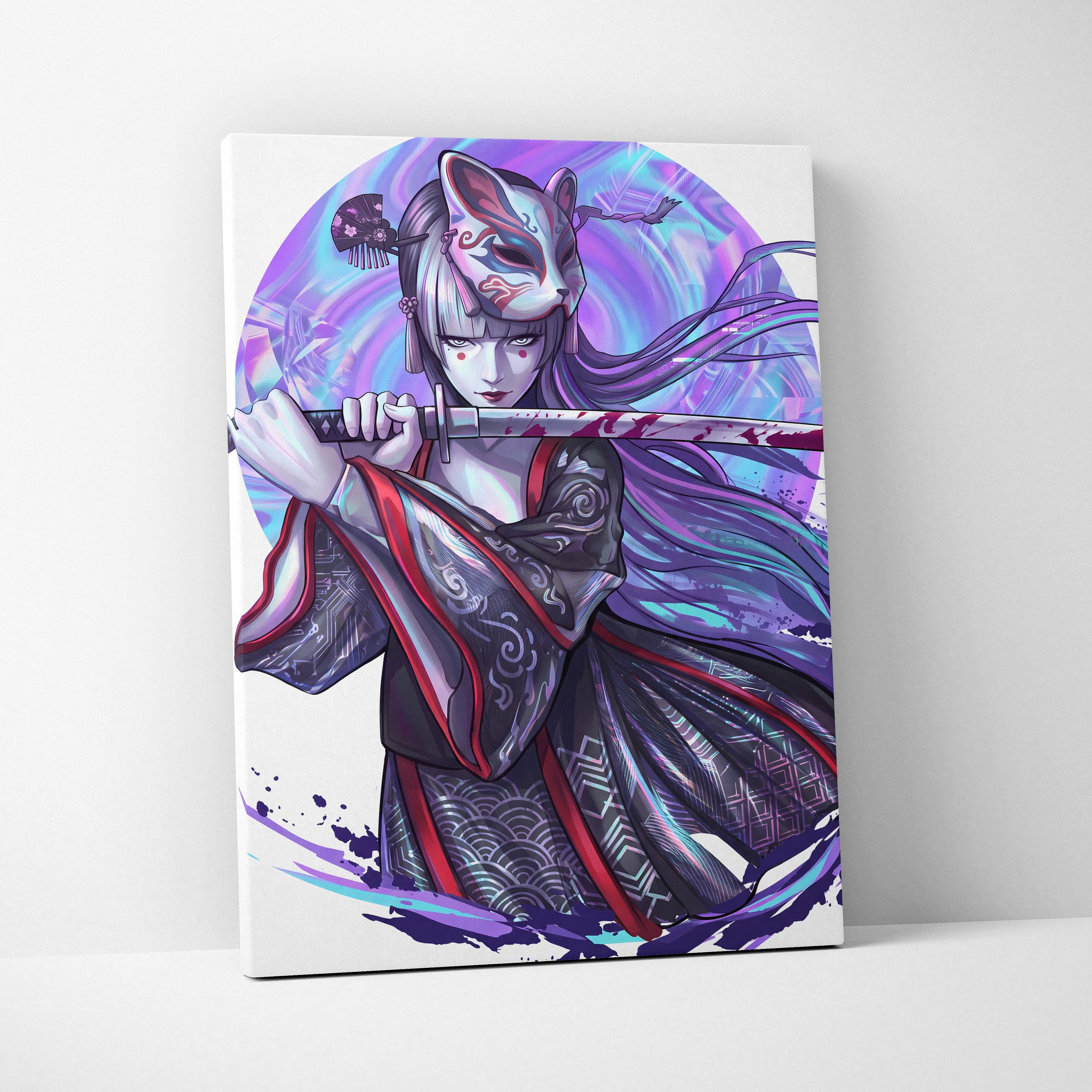 Neon Katana Geisha Vaporwave Canvas - Geisha Figure Neon Purple Blue Vaporwave Mood Mystical Decor Canvas Print