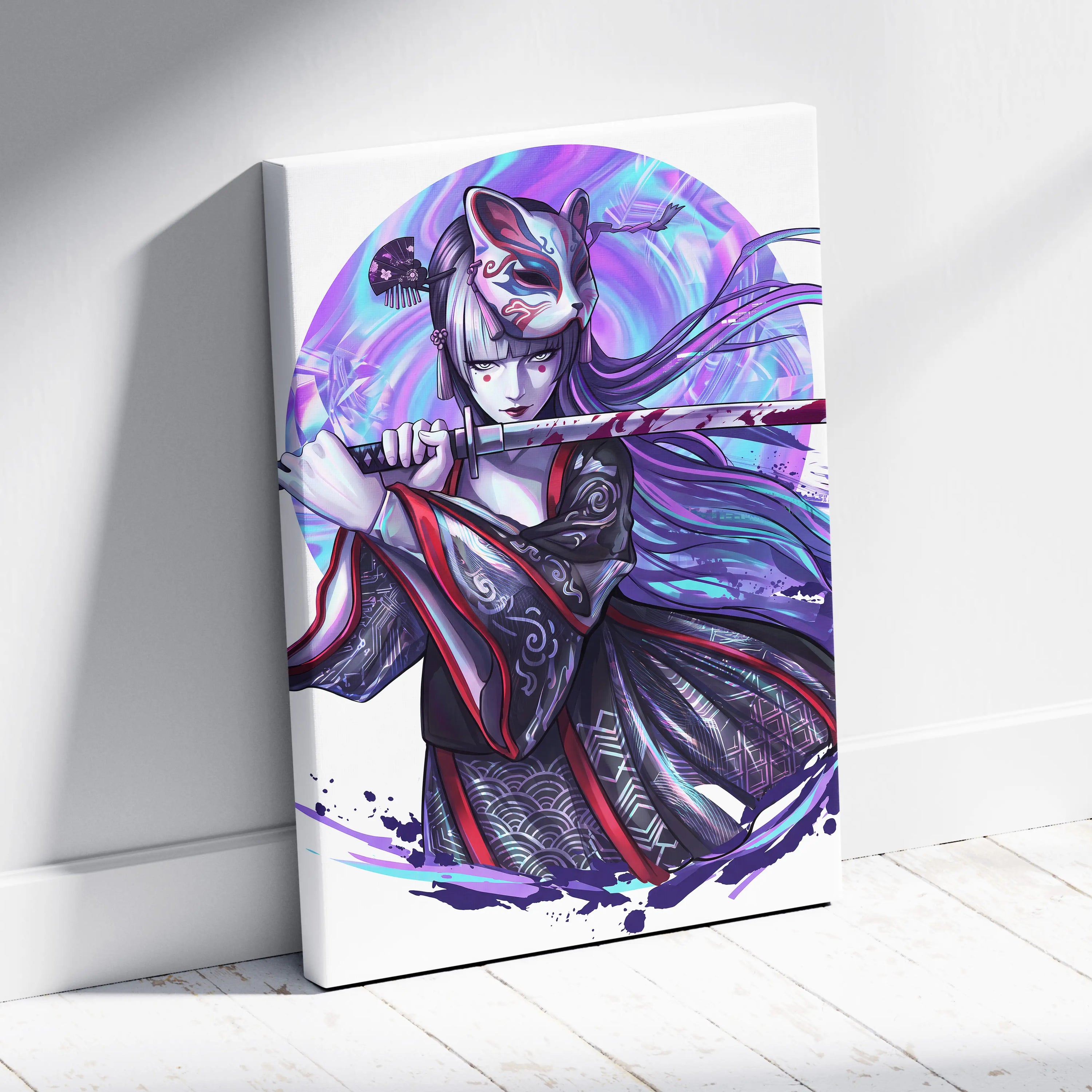 Neon Katana Geisha Vaporwave Canvas - Geisha Figure Neon Purple Blue Vaporwave Mood Mystical Decor Canvas Print