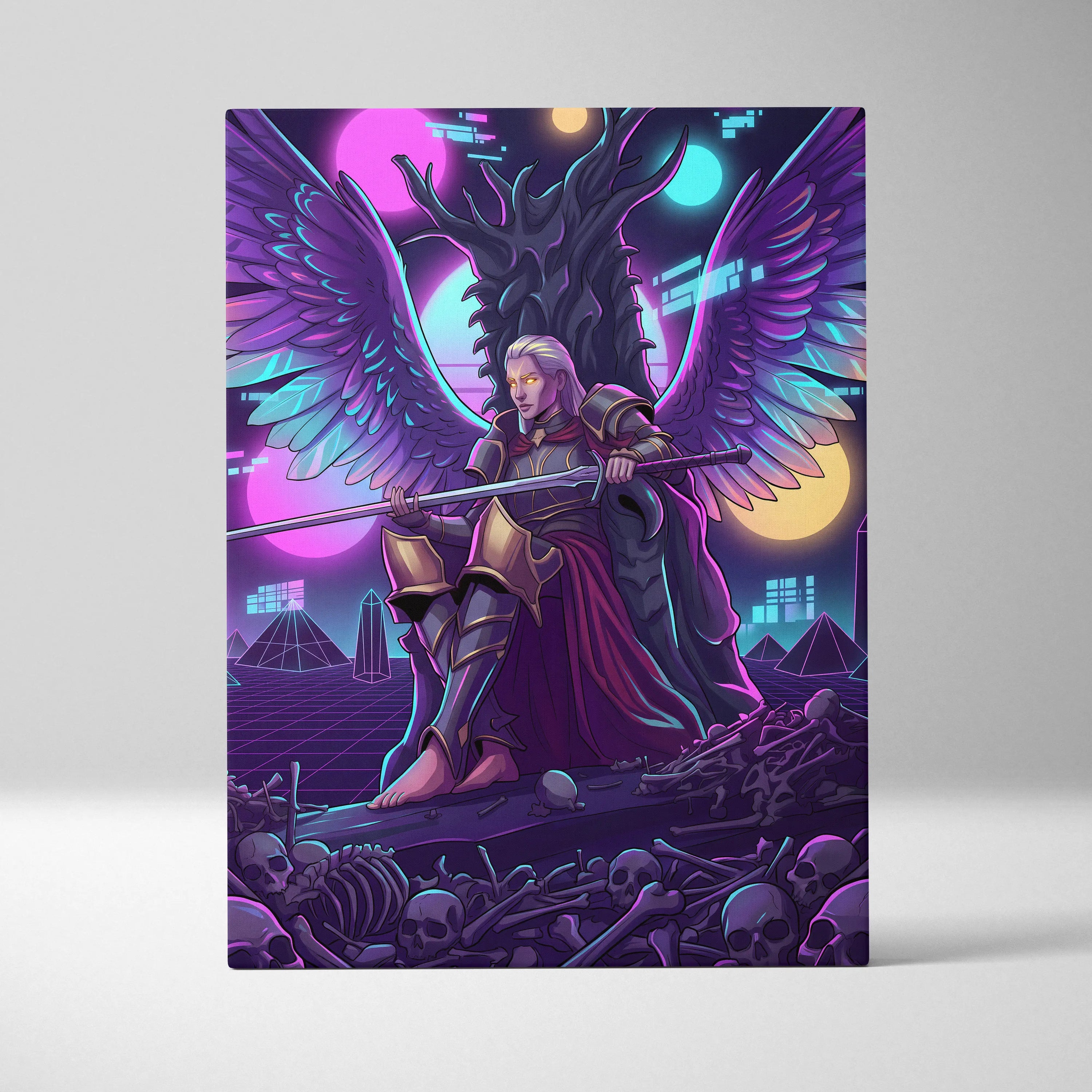 Vaporwave Wings Neon Canvas - Winged Hero Neon Living Room Vaporwave Mystical Neon Mood Retro Futurism Wall Art Canvas