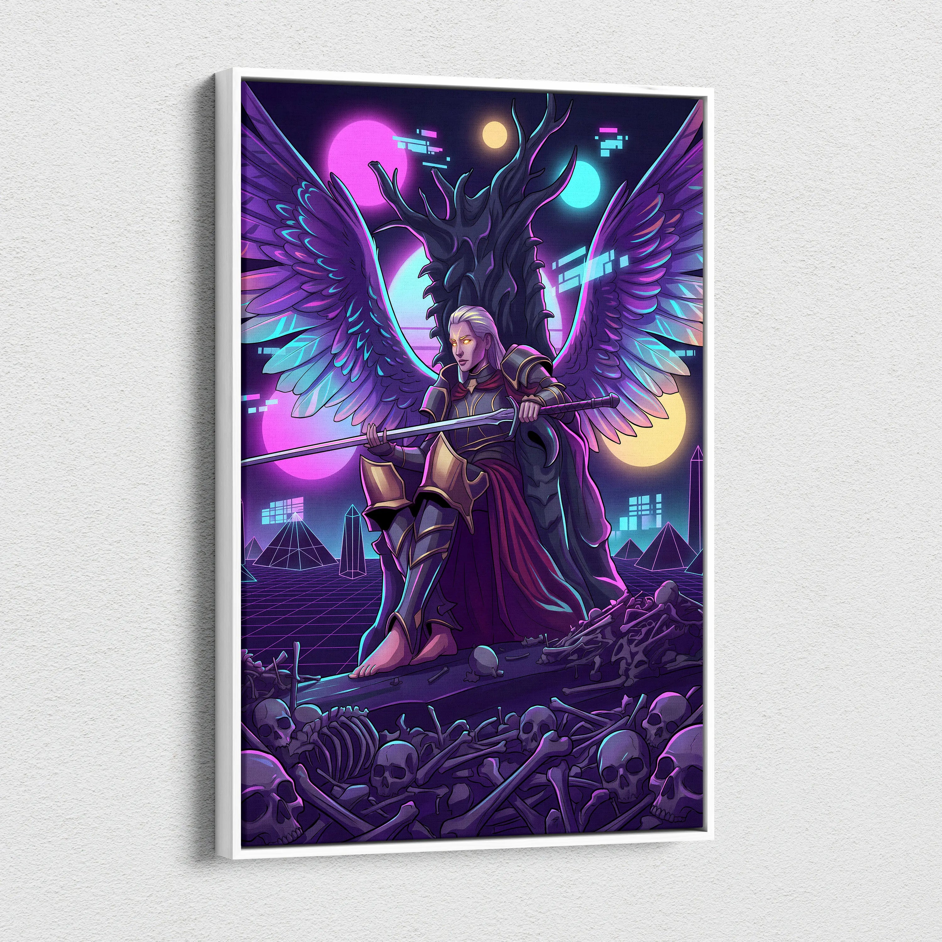 Vaporwave Wings Neon Canvas - Winged Hero Neon Living Room Vaporwave Mystical Neon Mood Retro Futurism Wall Art Canvas
