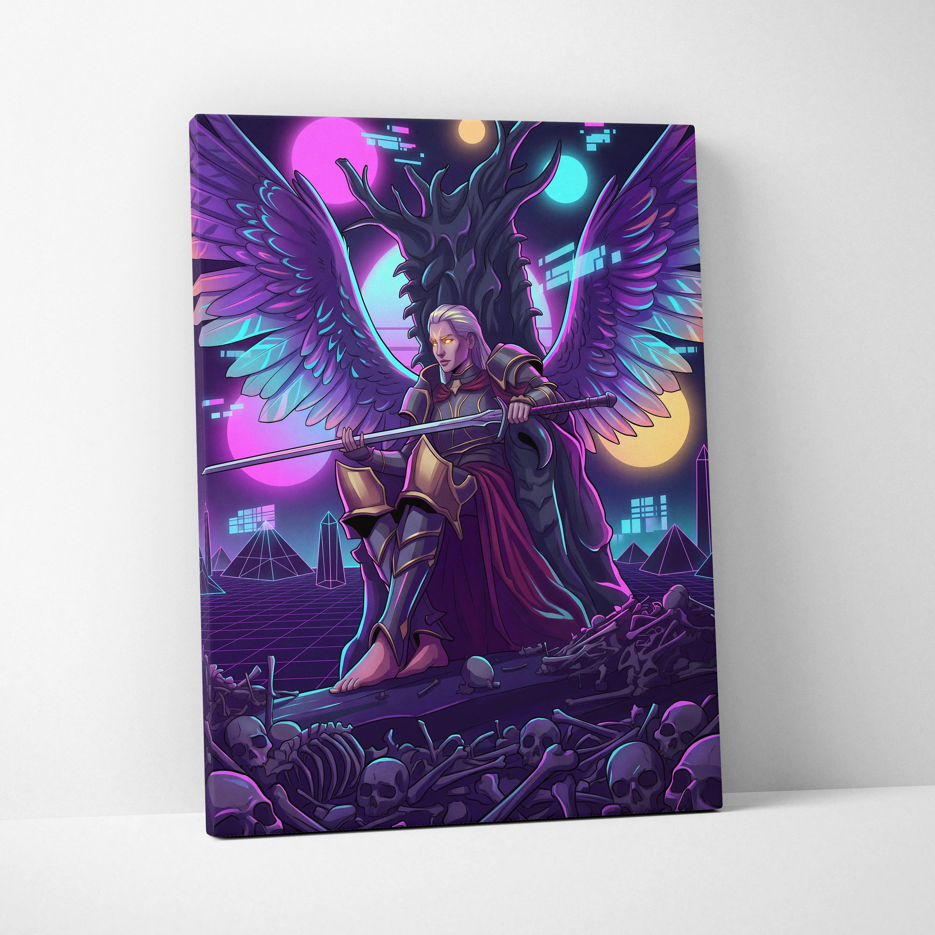 Vaporwave Wings Neon Canvas - Winged Hero Neon Living Room Vaporwave Mystical Neon Mood Retro Futurism Wall Art Canvas