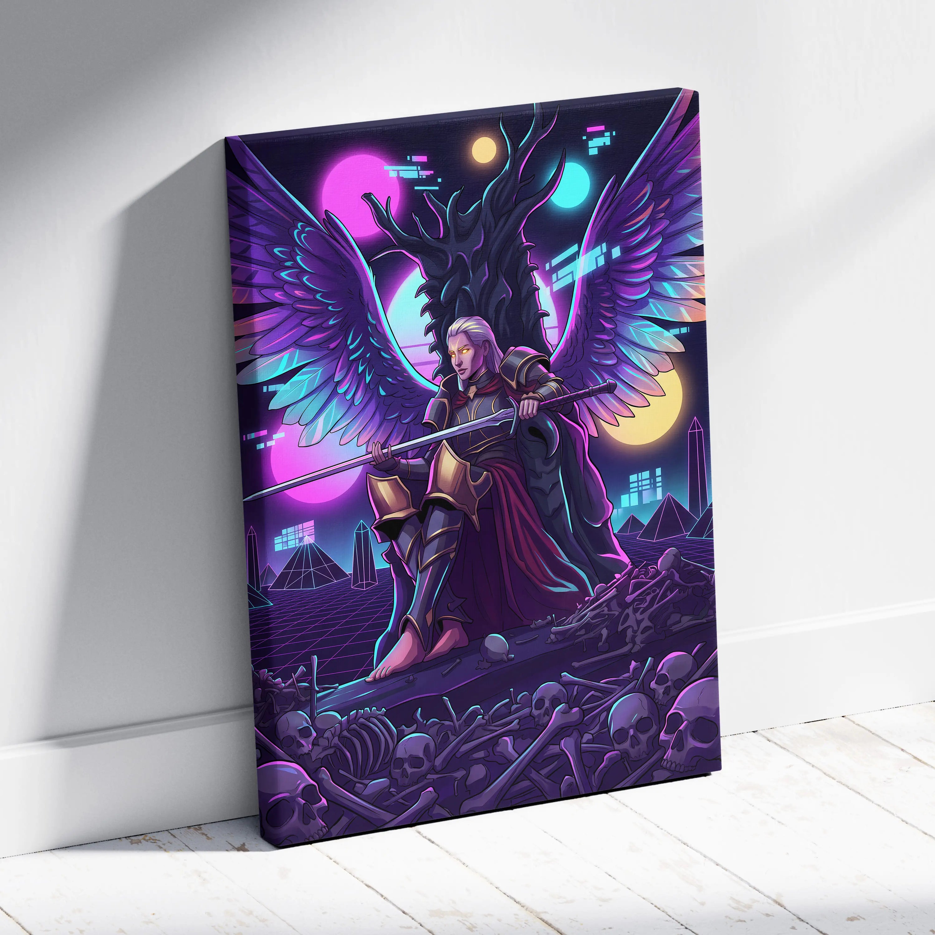 Vaporwave Wings Neon Canvas - Winged Hero Neon Living Room Vaporwave Mystical Neon Mood Retro Futurism Wall Art Canvas
